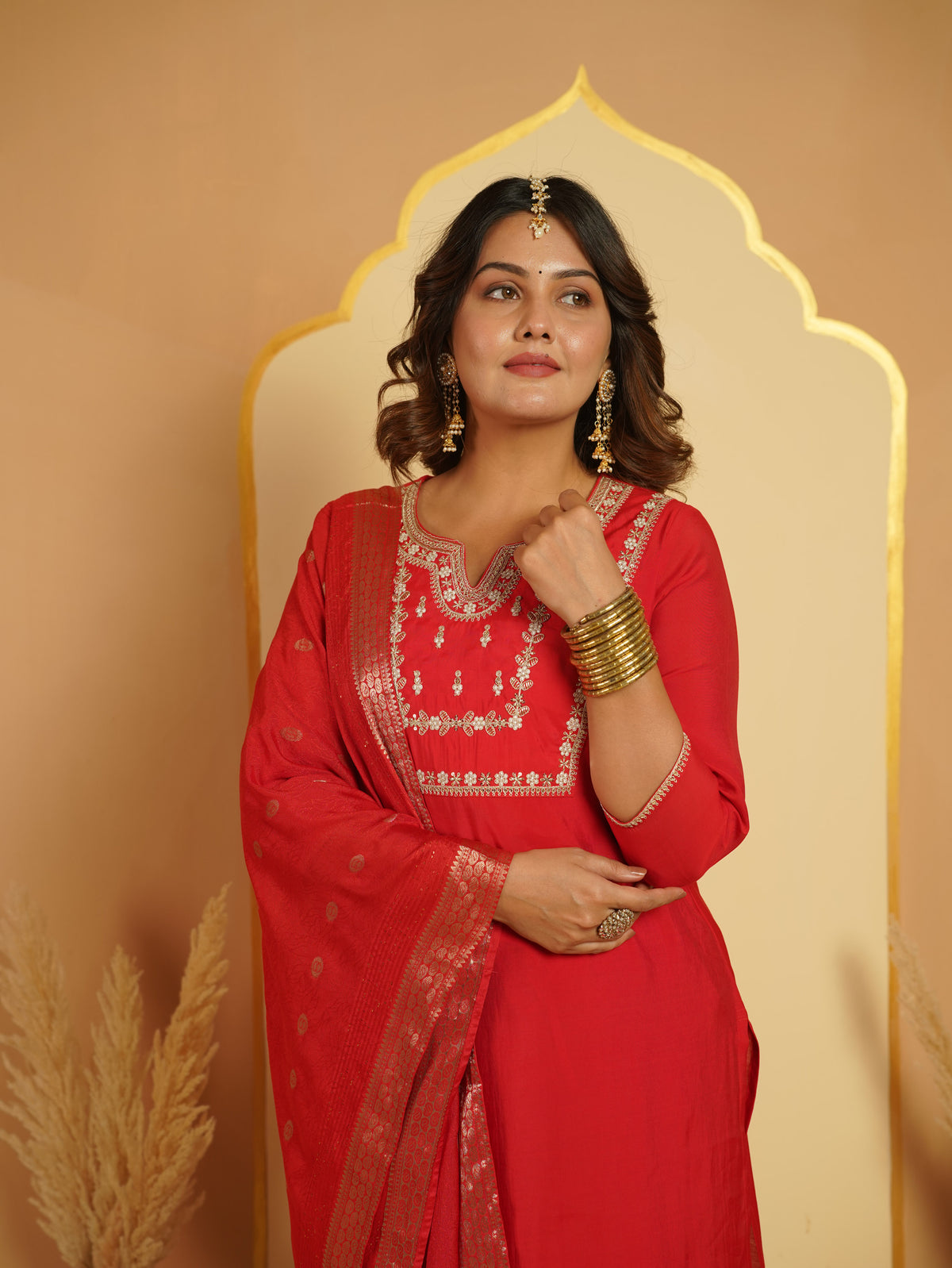 Embroidered Chanderi Solid Red Kurta