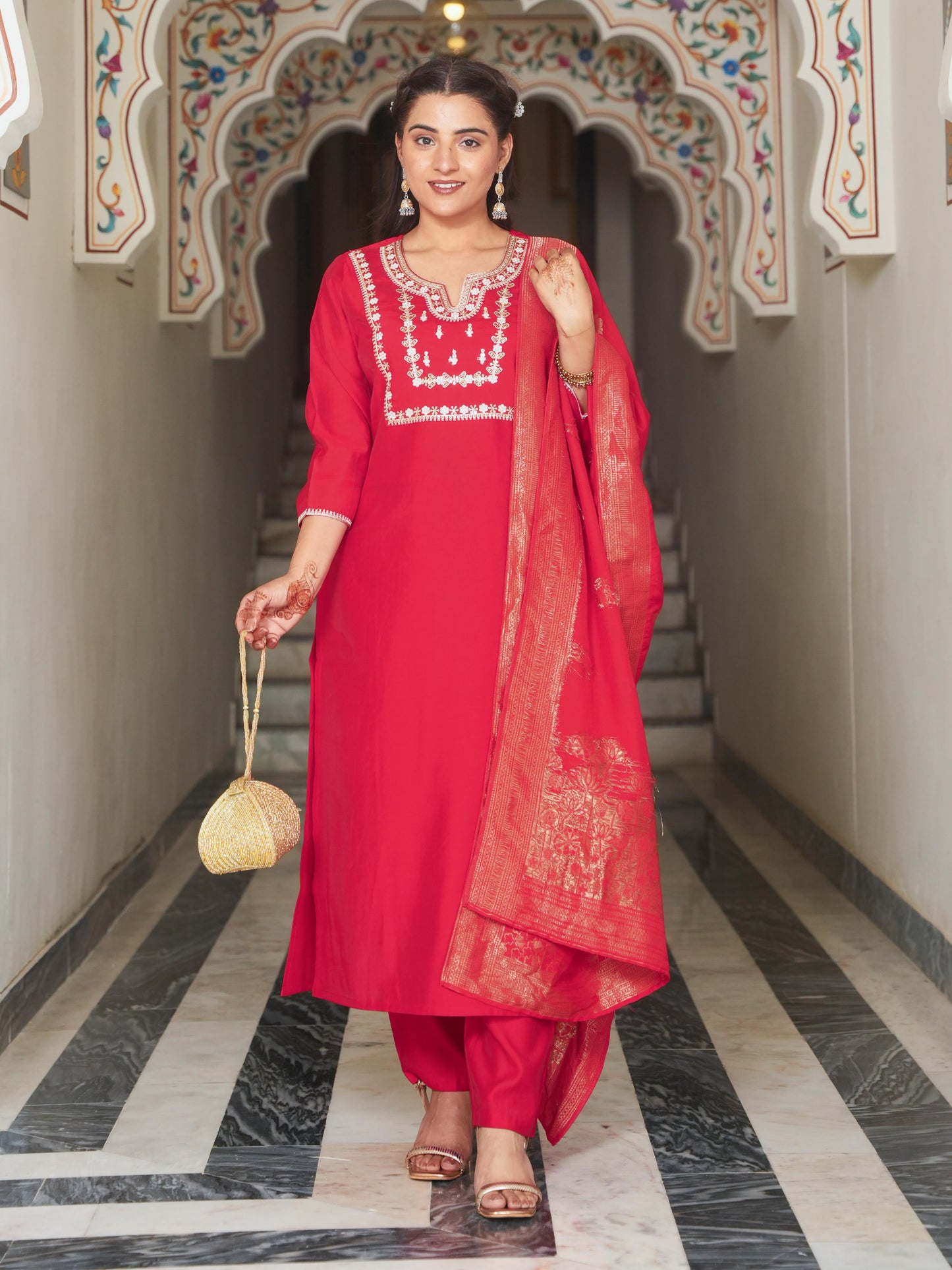 Embroidered Chanderi Solid Red Kurta