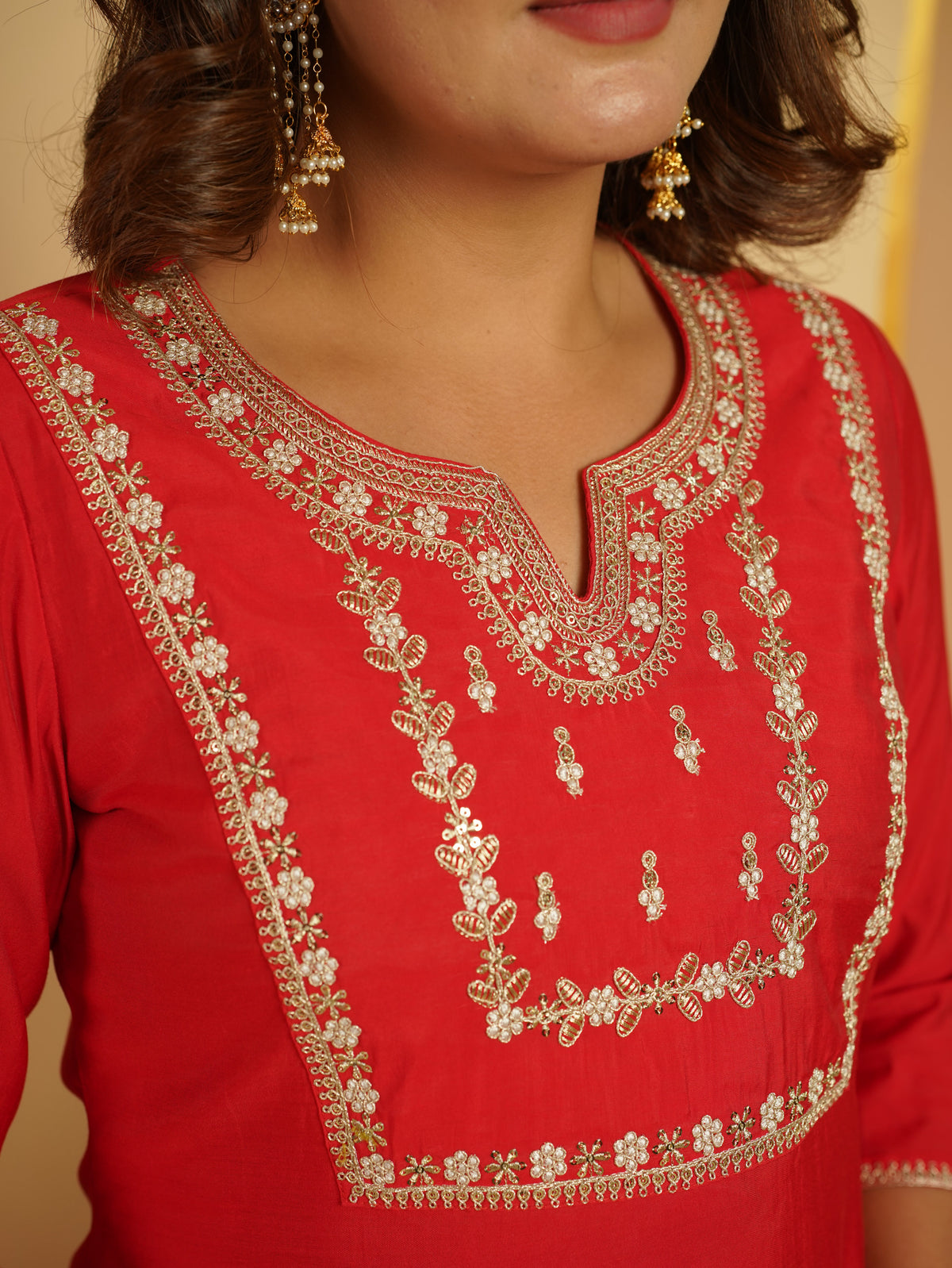 Embroidered Chanderi Solid Red Kurta