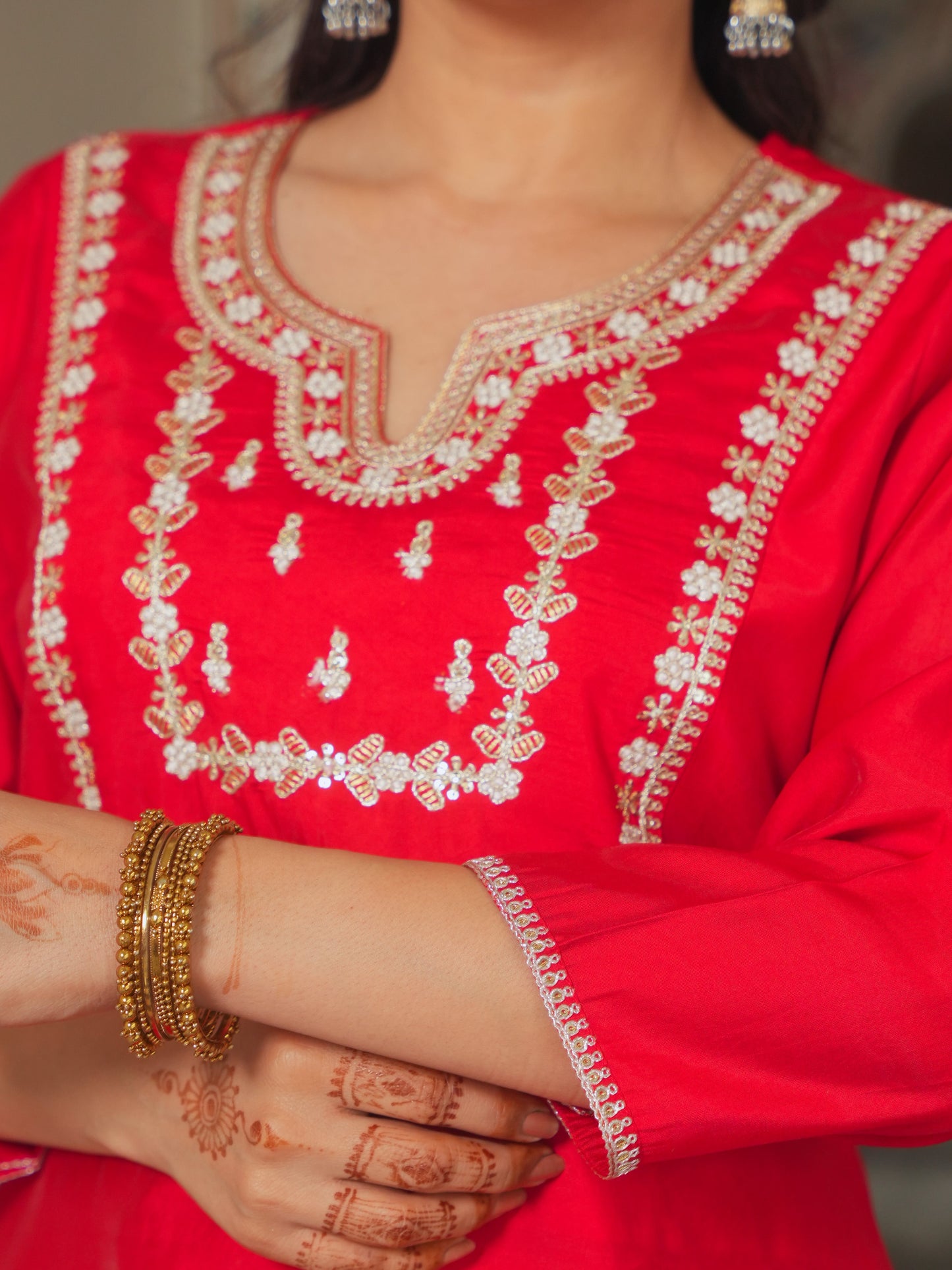 Embroidered Roman silk Solid Red Kurta