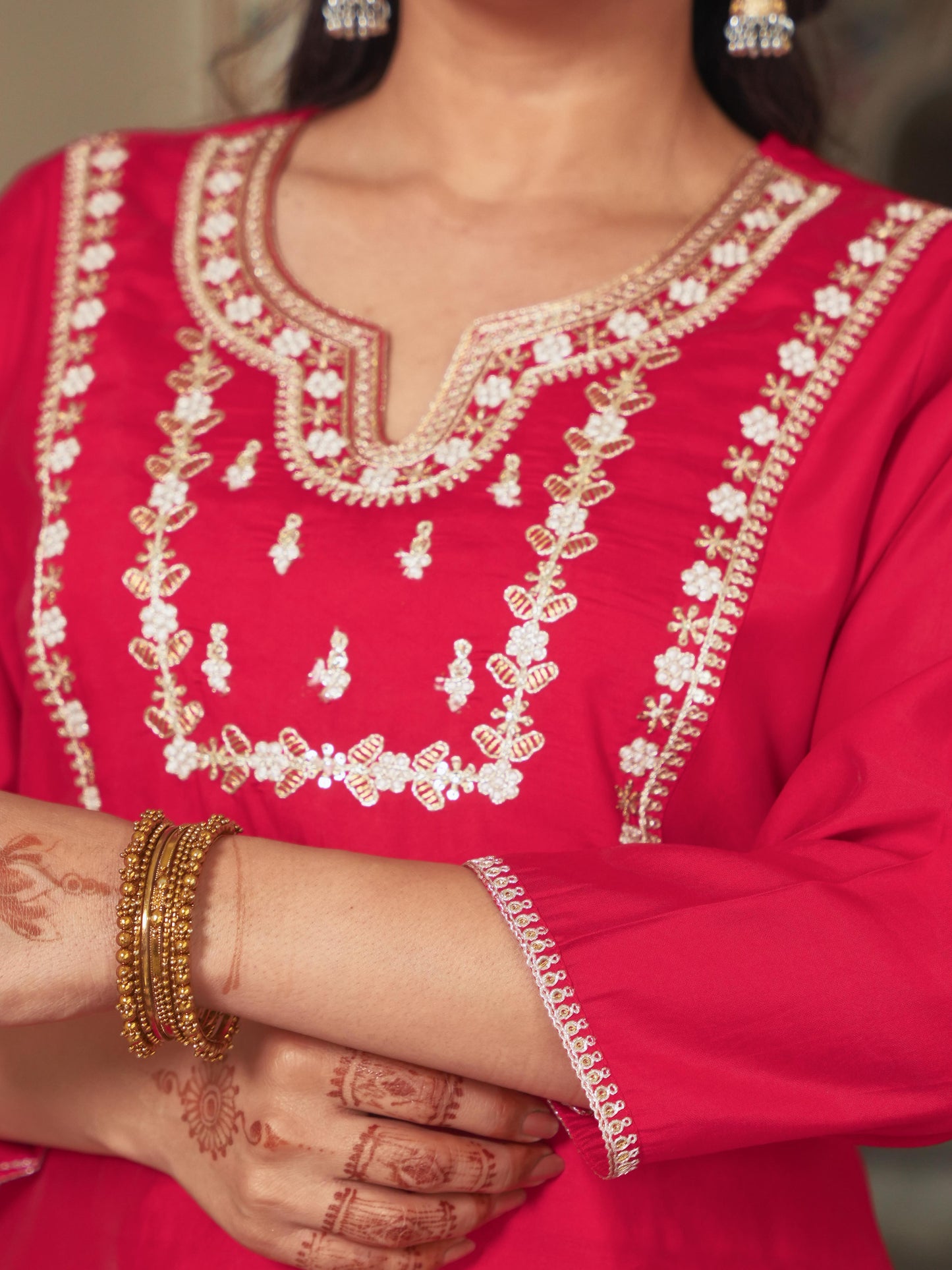 Embroidered Chanderi Solid Red Kurta