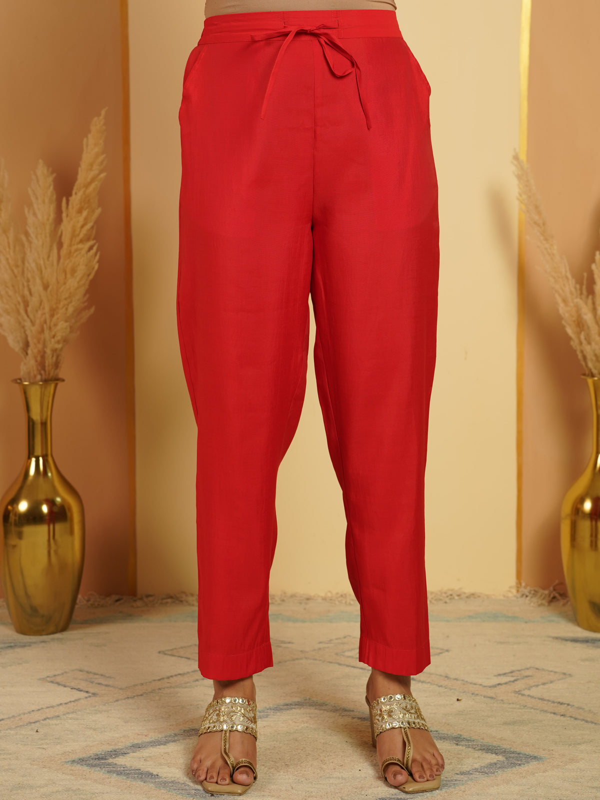 Embroidered Chanderi Solid Red Kurta