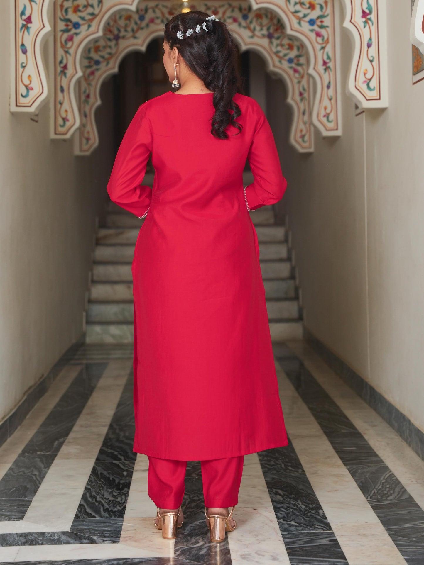 Embroidered Chanderi Solid Red Kurta