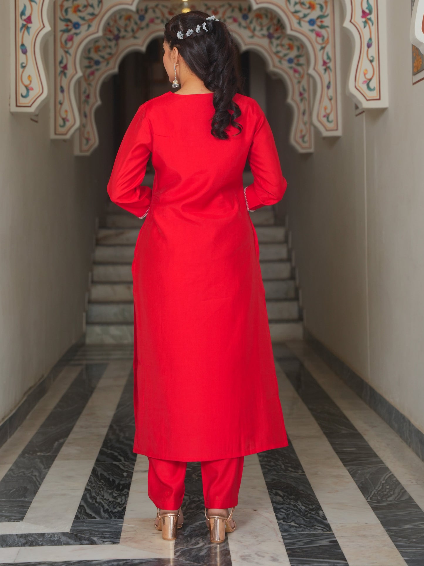 Embroidered Roman silk Solid Red Kurta