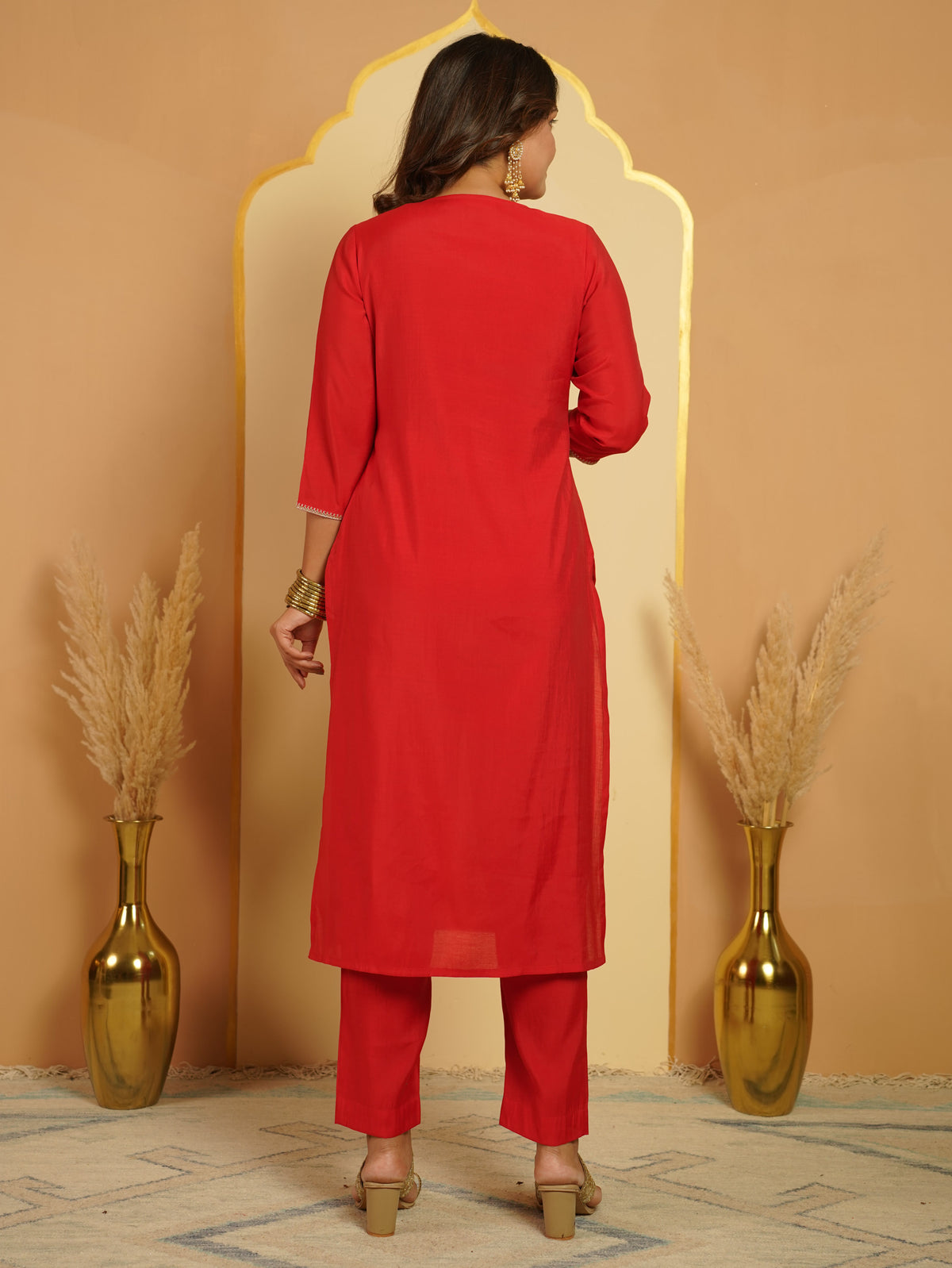 Embroidered Chanderi Solid Red Kurta