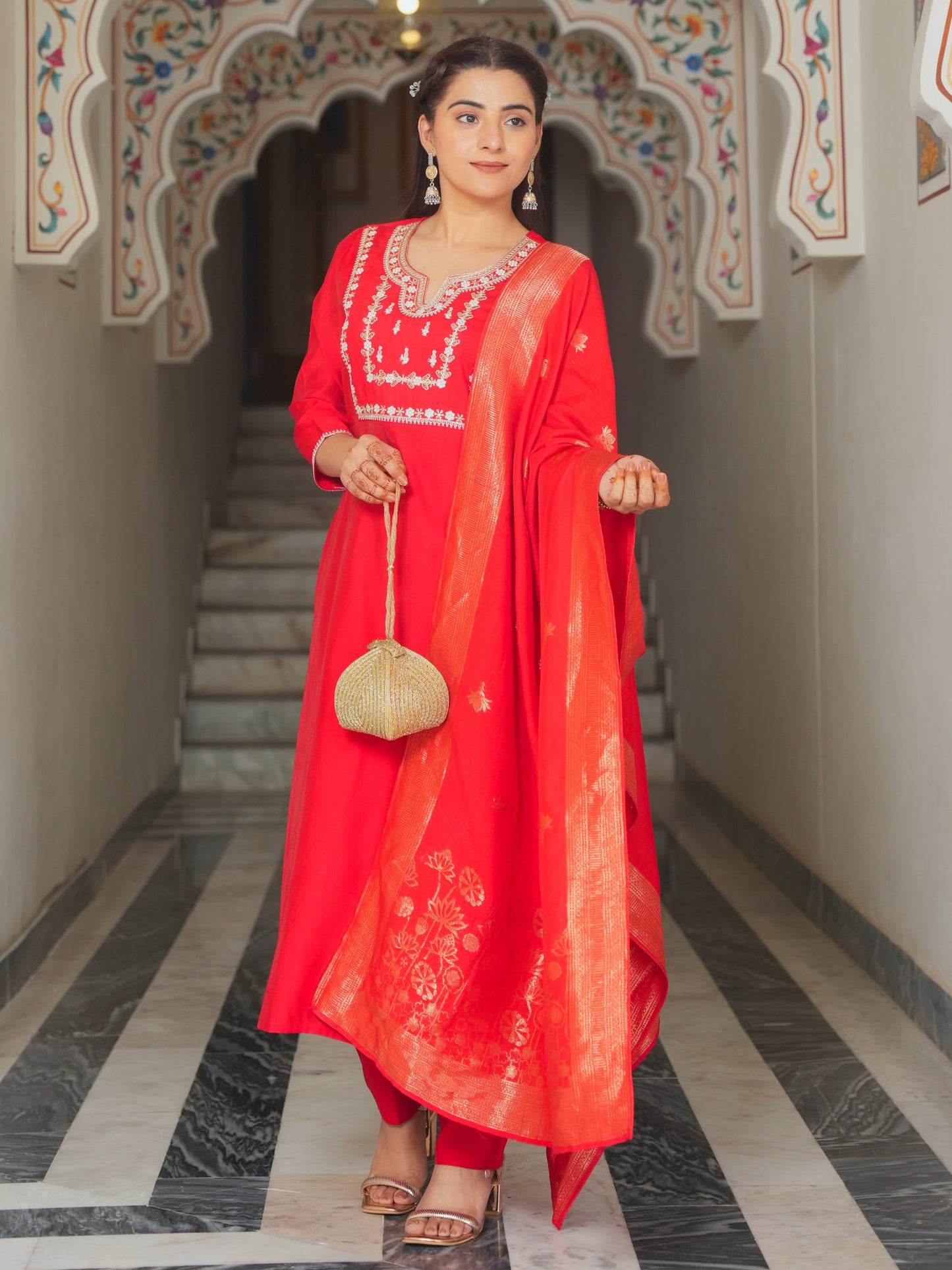 Embroidered Roman silk Solid Red Kurta