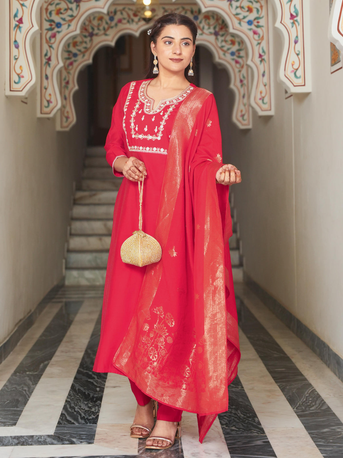 Silk Jacquard Solid Red Dupatta