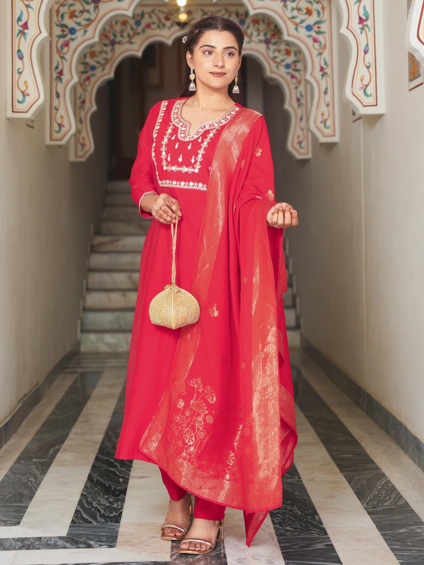 Embroidered Chanderi Solid Red Kurta