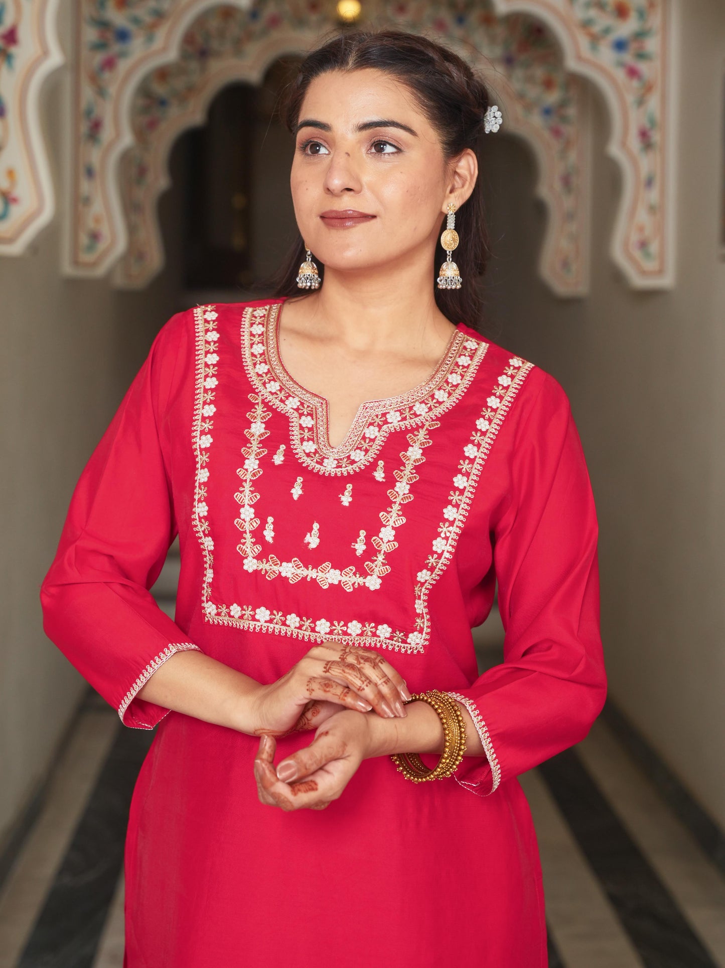 Embroidered Chanderi Solid Red Kurta