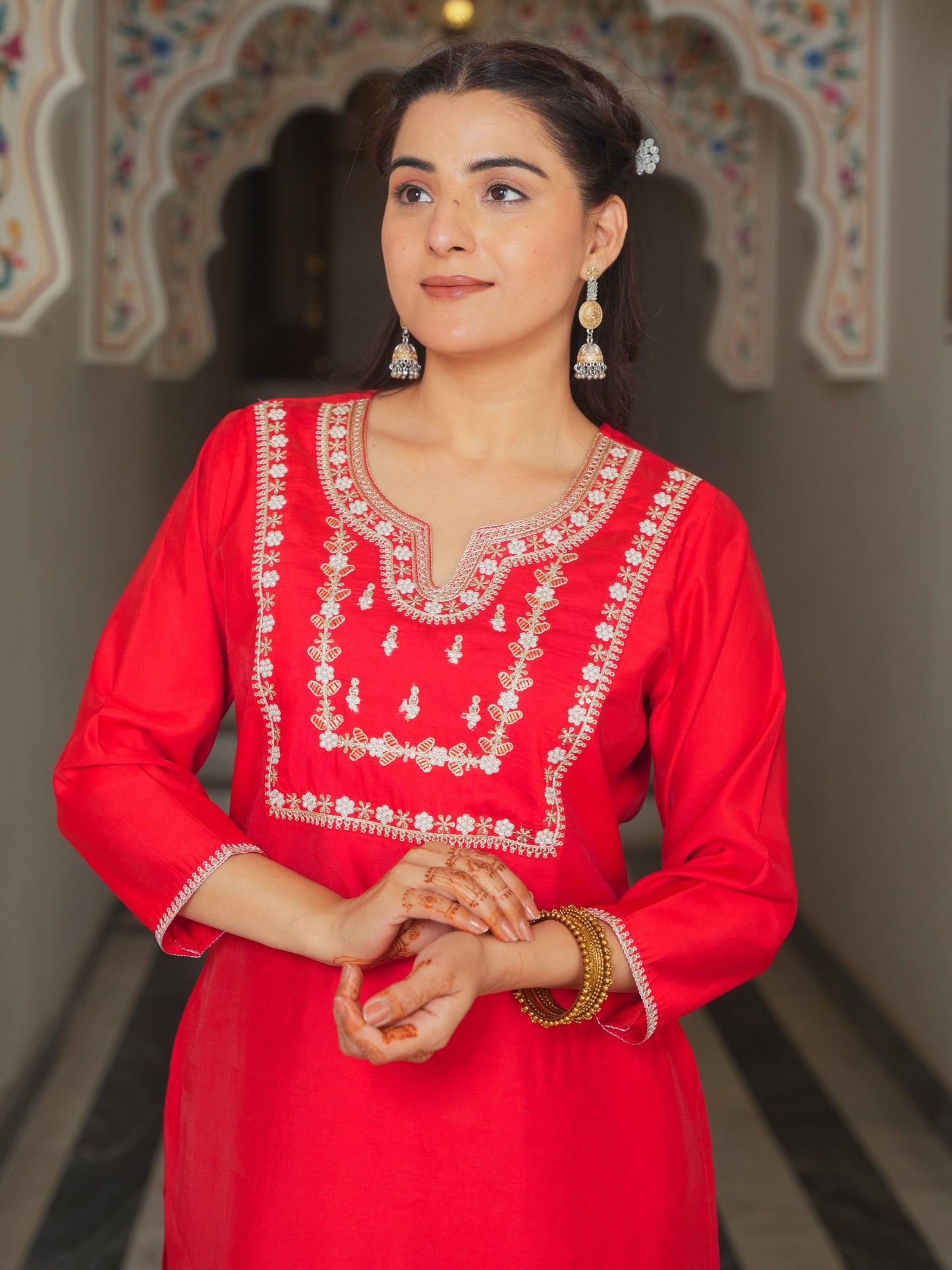 Embroidered Roman silk Solid Red Kurta