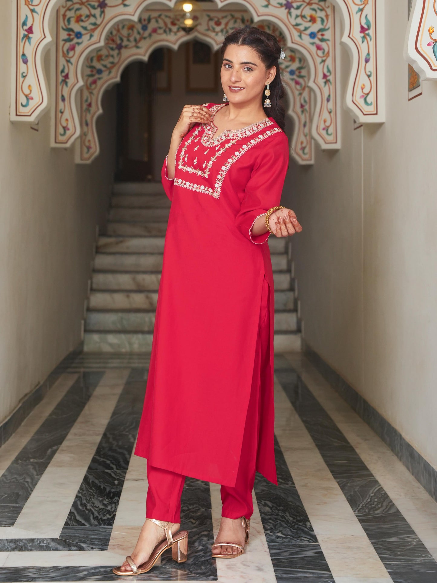 Embroidered Chanderi Solid Red Kurta