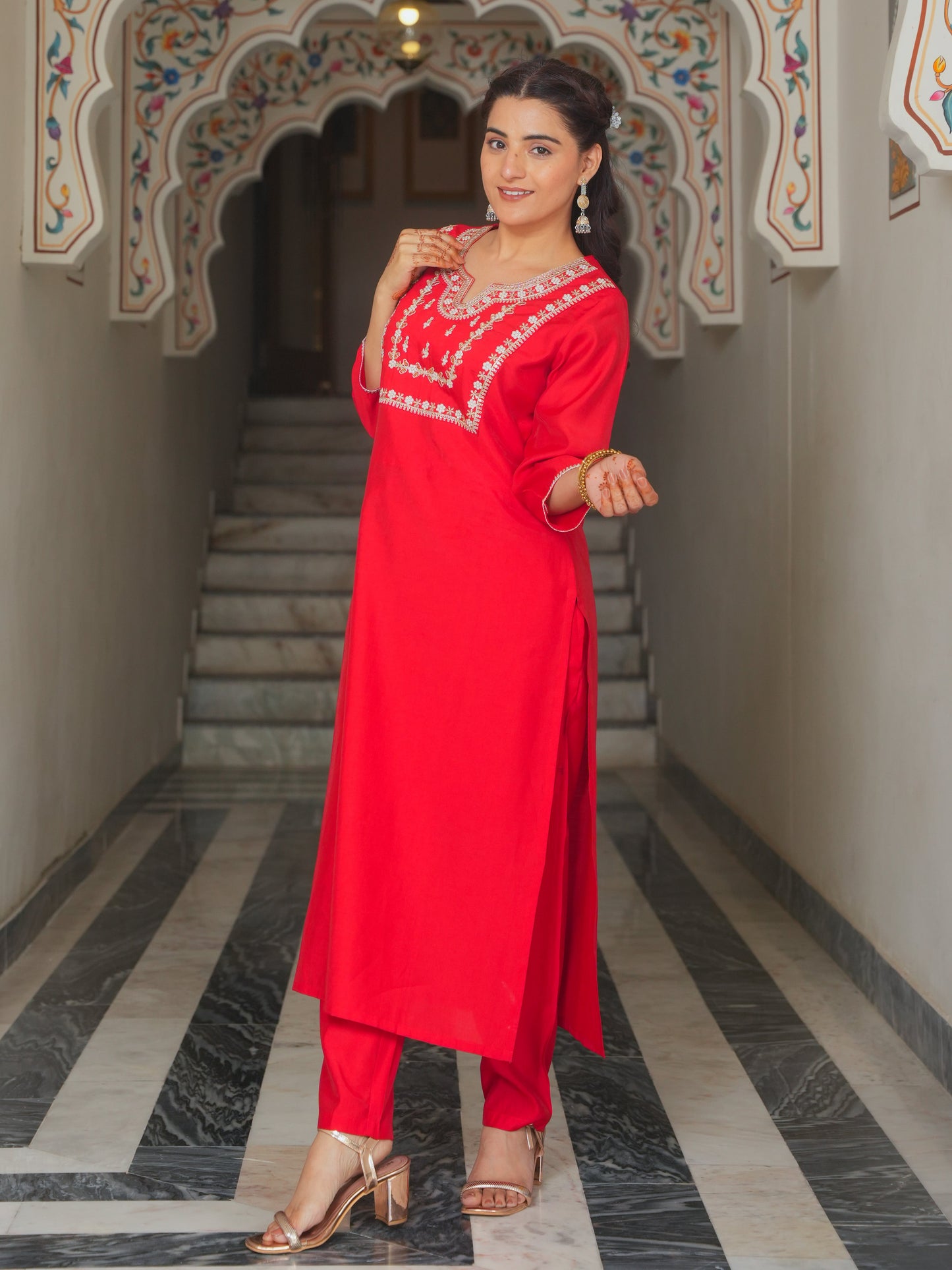 Embroidered Roman silk Solid Red Kurta