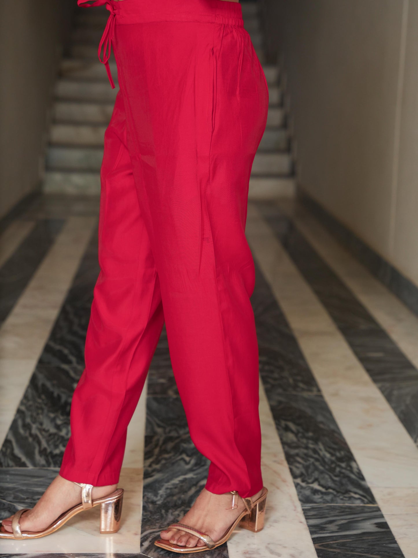 Embroidered Chanderi Solid Red Kurta