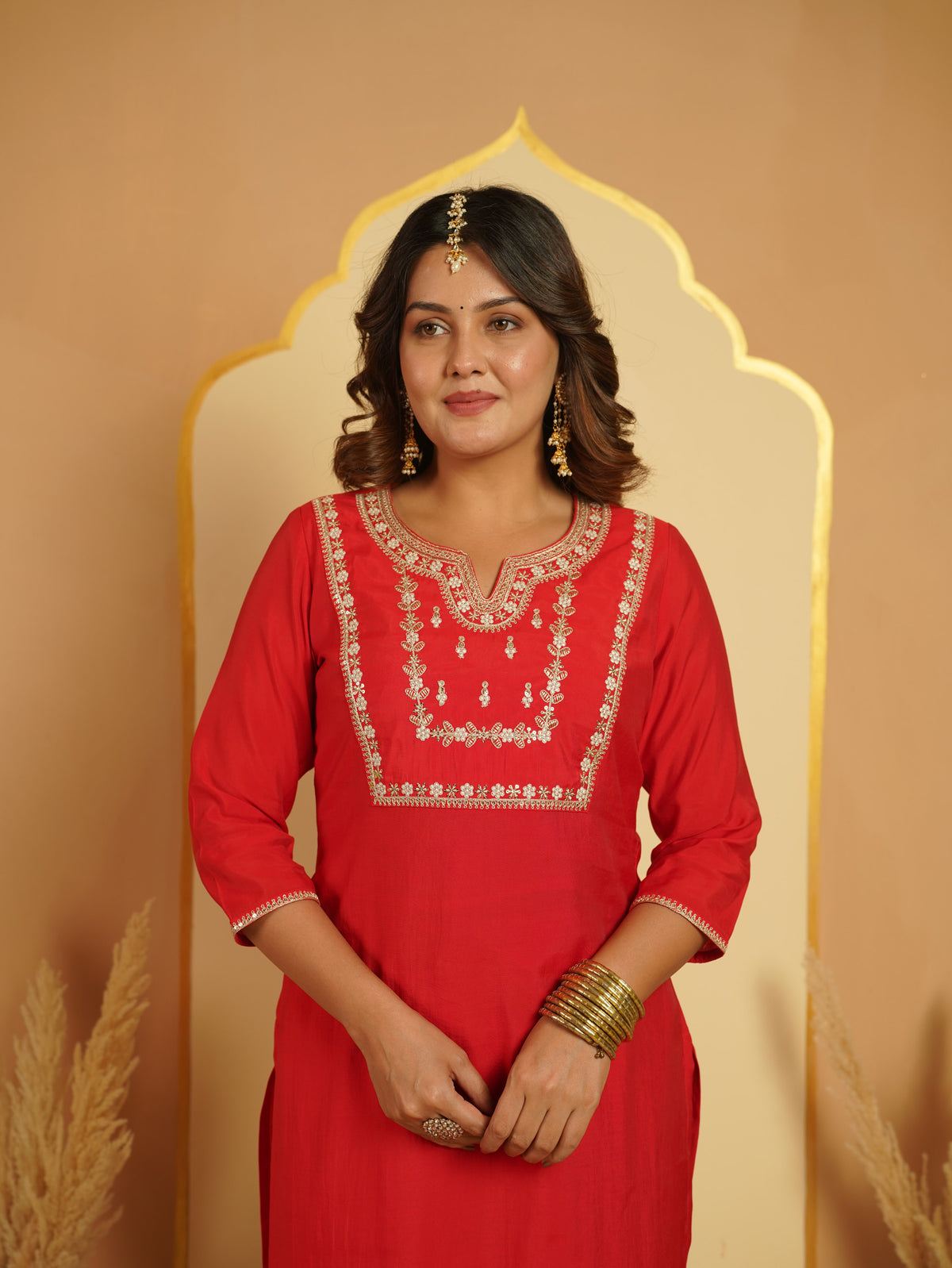Embroidered Chanderi Solid Red Kurta