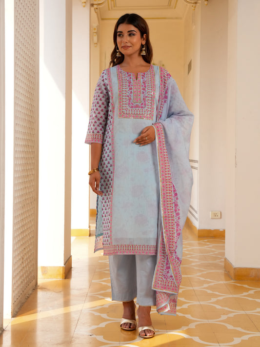Chanderi Floral Baby Blue Dupatta