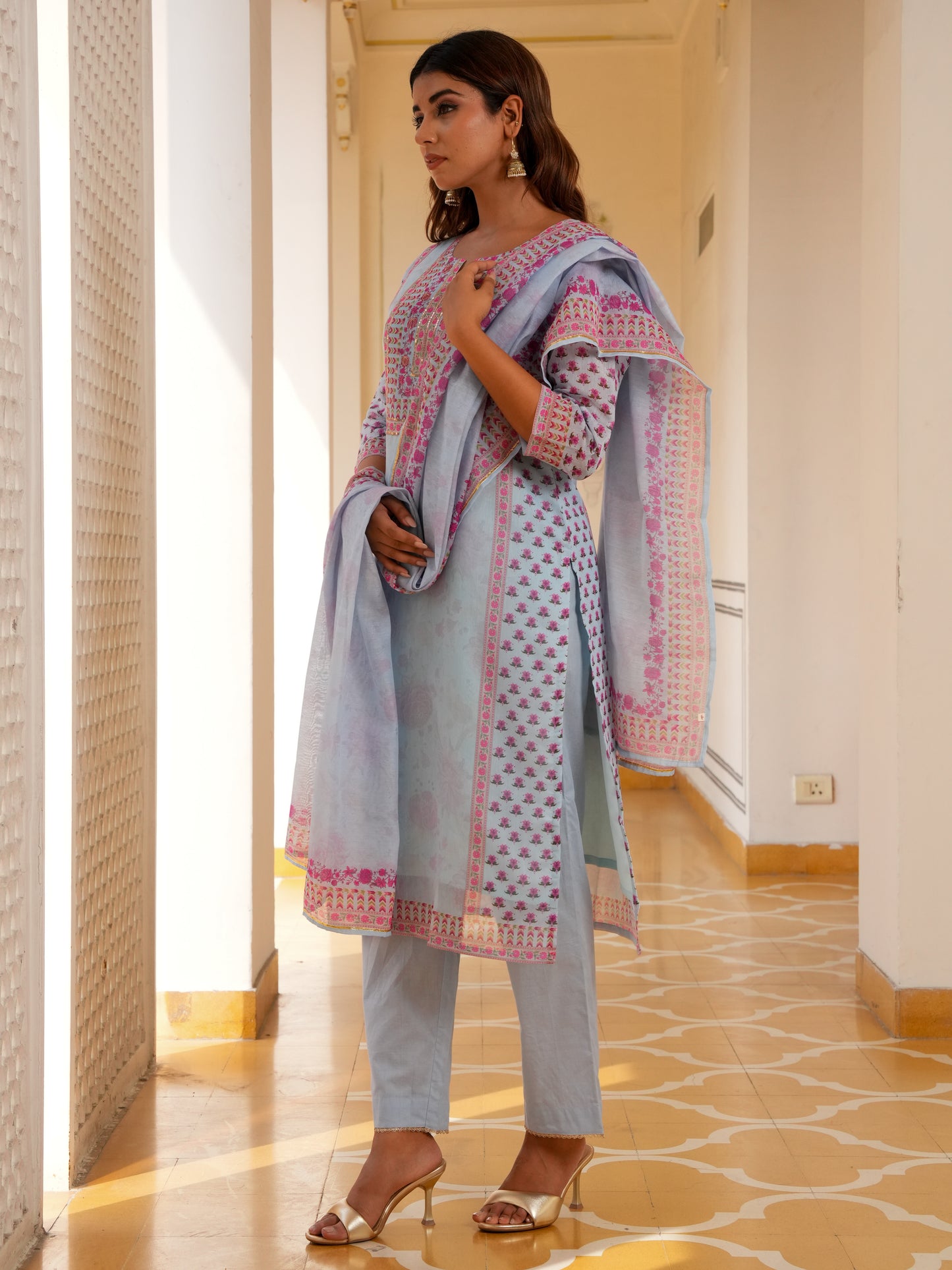 Chanderi Floral Baby Blue Dupatta