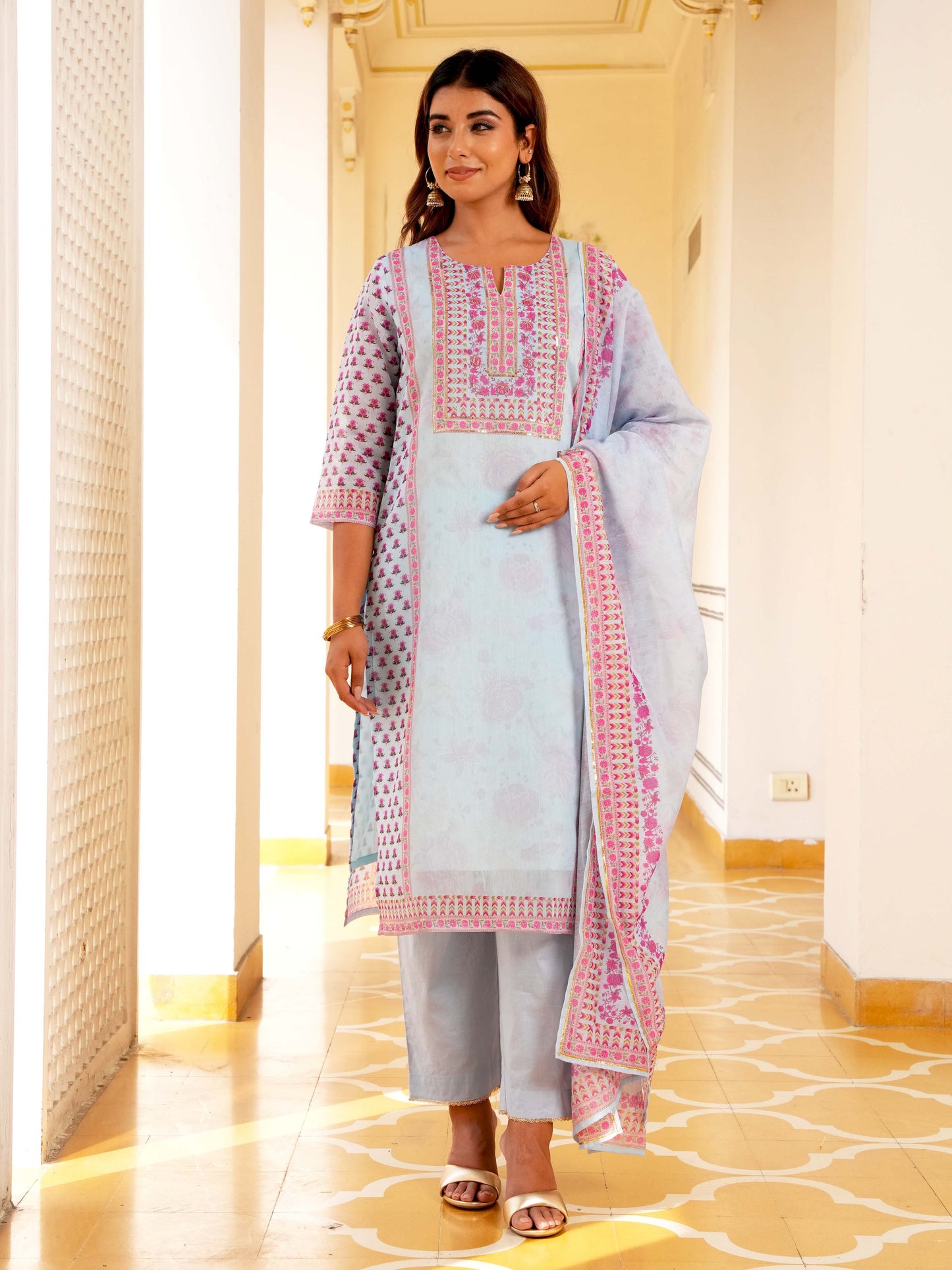 Embroidered Chanderi Floral Straight Baby Blue Kurta