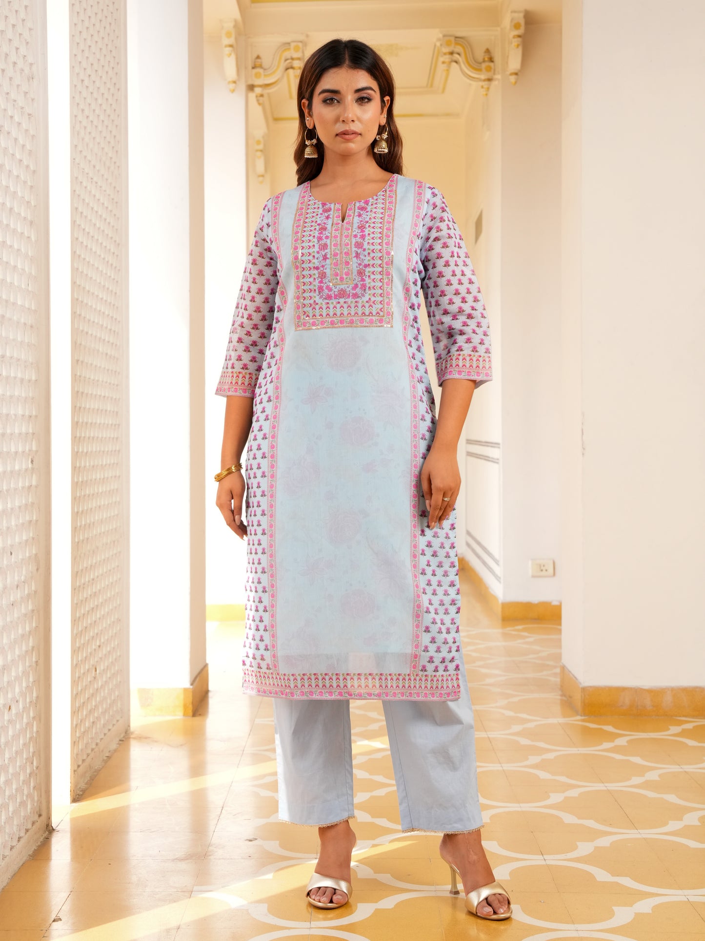 Embroidered Chanderi Floral Straight Baby Blue Kurta
