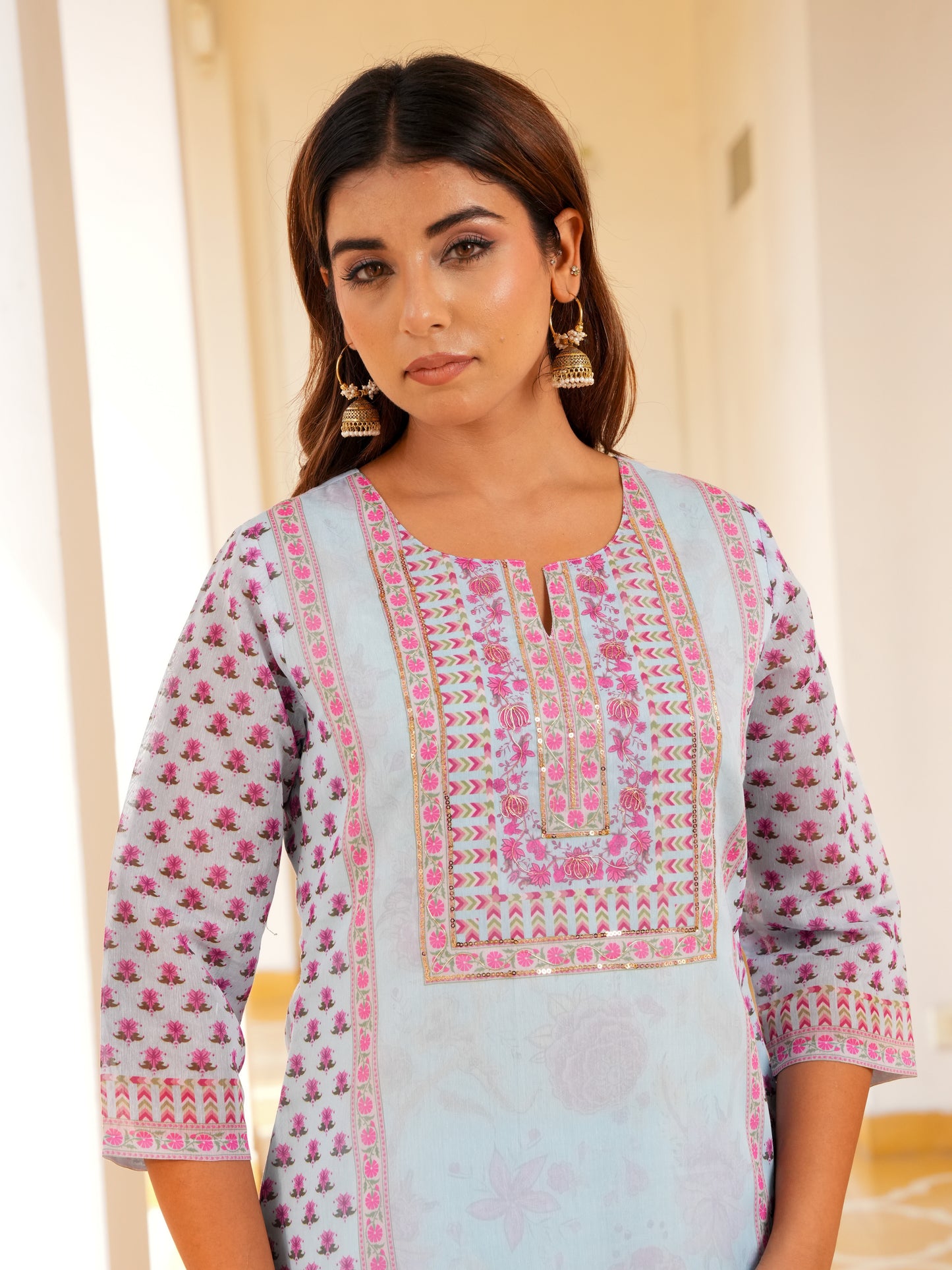 Embroidered Chanderi Floral Straight Baby Blue Kurta