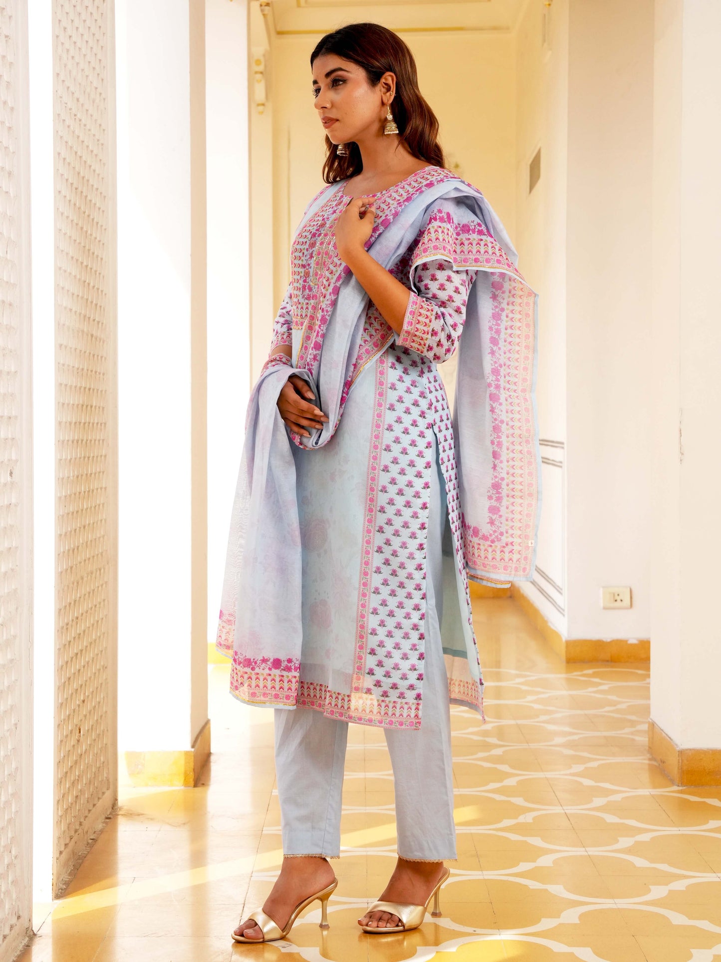 Embroidered Chanderi Floral Straight Baby Blue Kurta