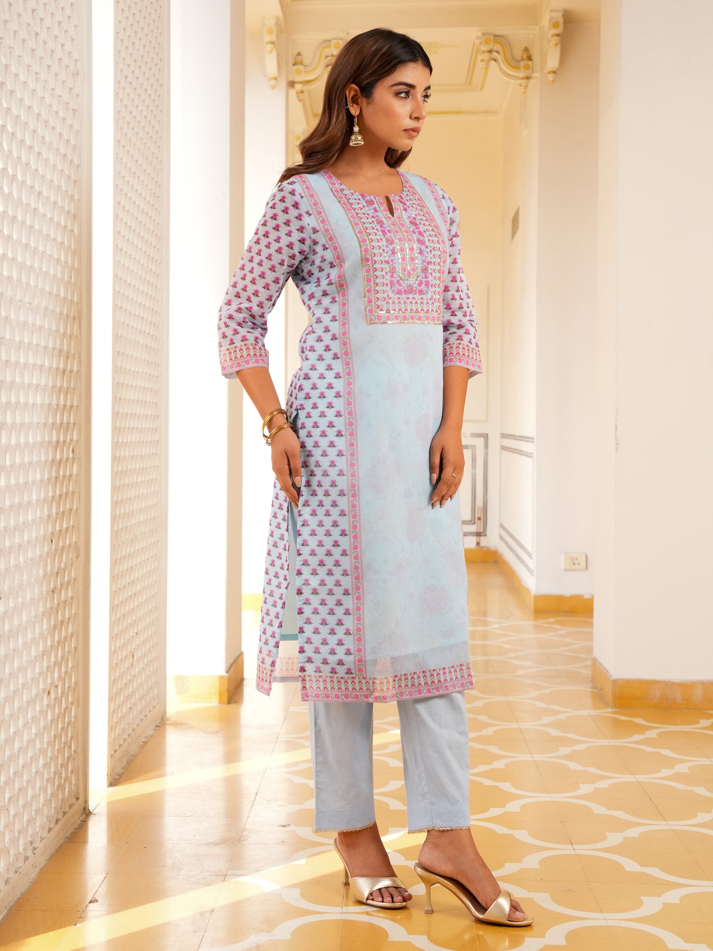 Embroidered Chanderi Floral Straight Baby Blue Kurta