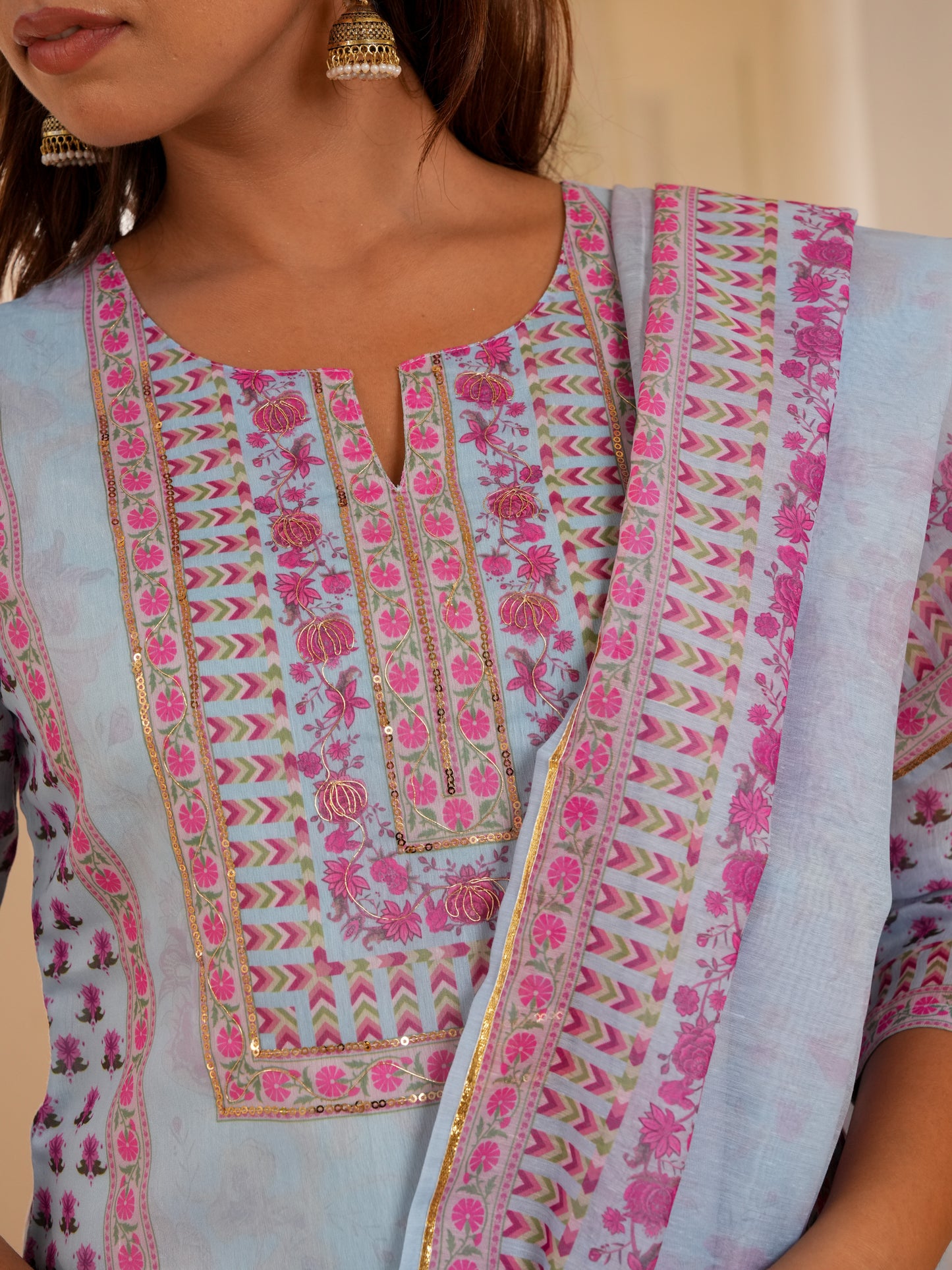 Embroidered Chanderi Floral Straight Baby Blue Kurta