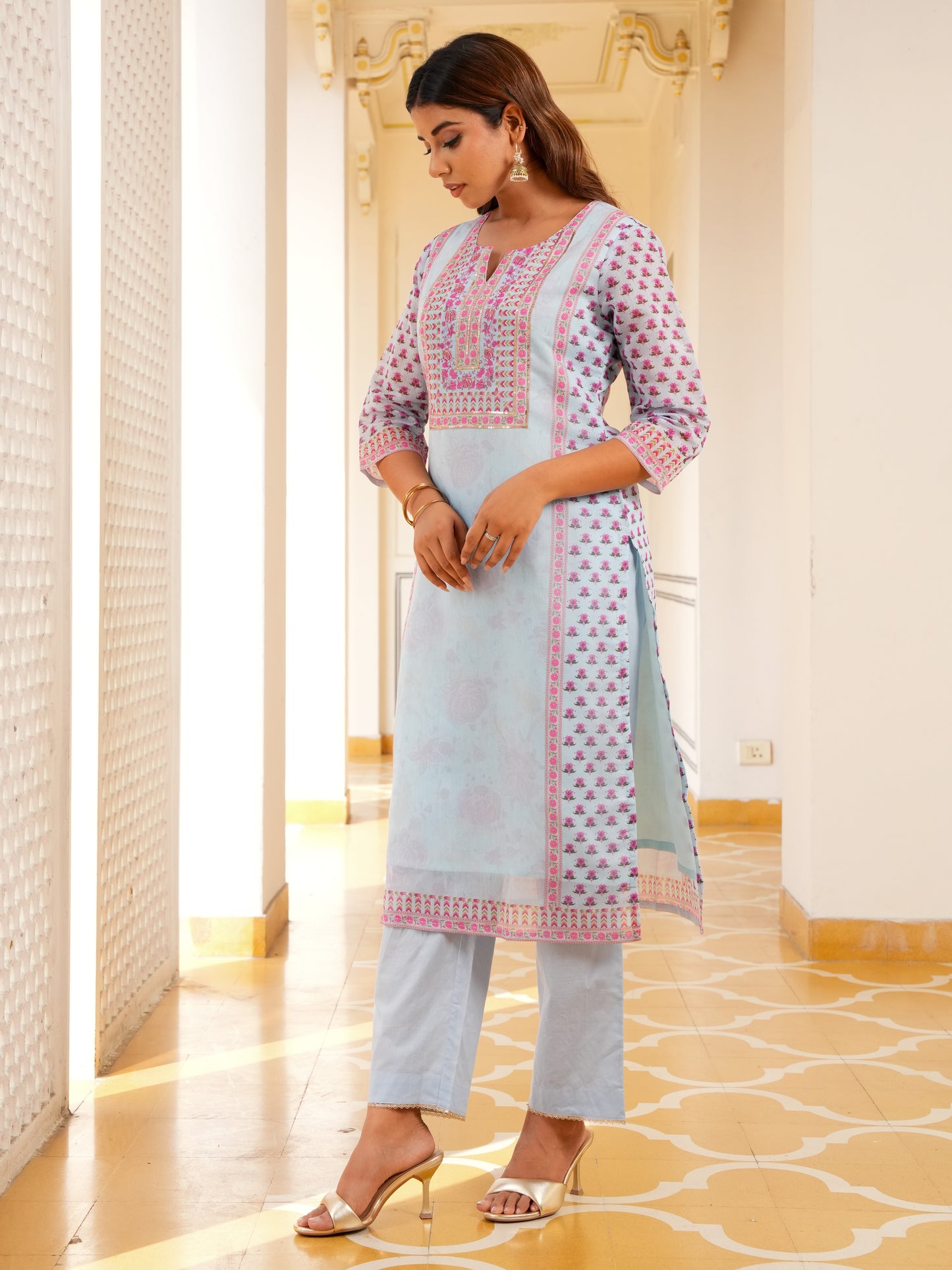 Embroidered Chanderi Floral Straight Baby Blue Kurta
