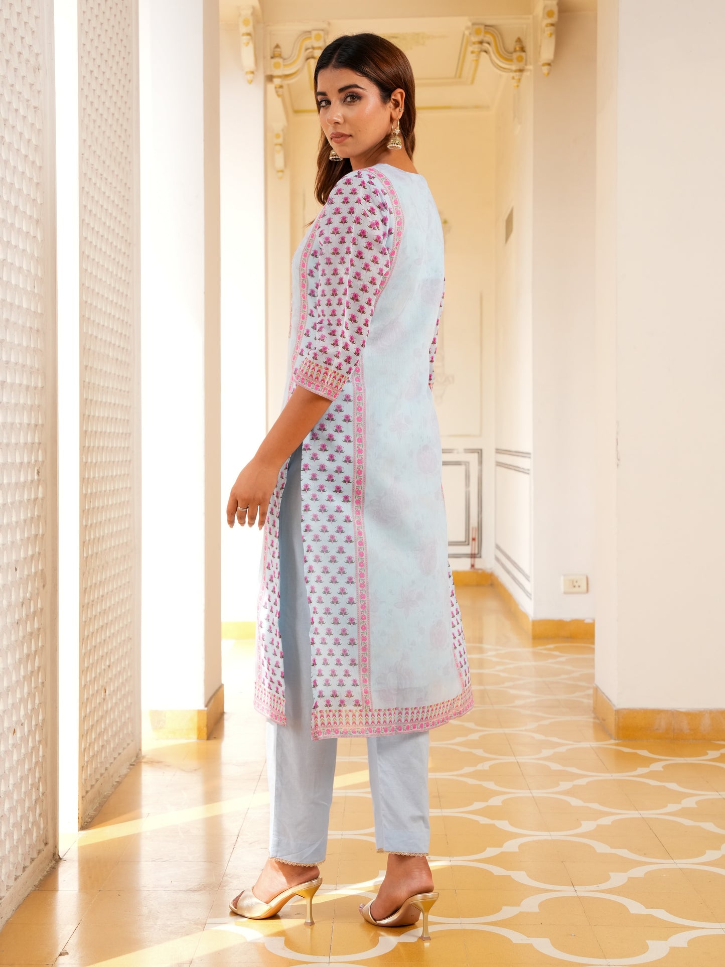 Embroidered Chanderi Floral Straight Baby Blue Kurta