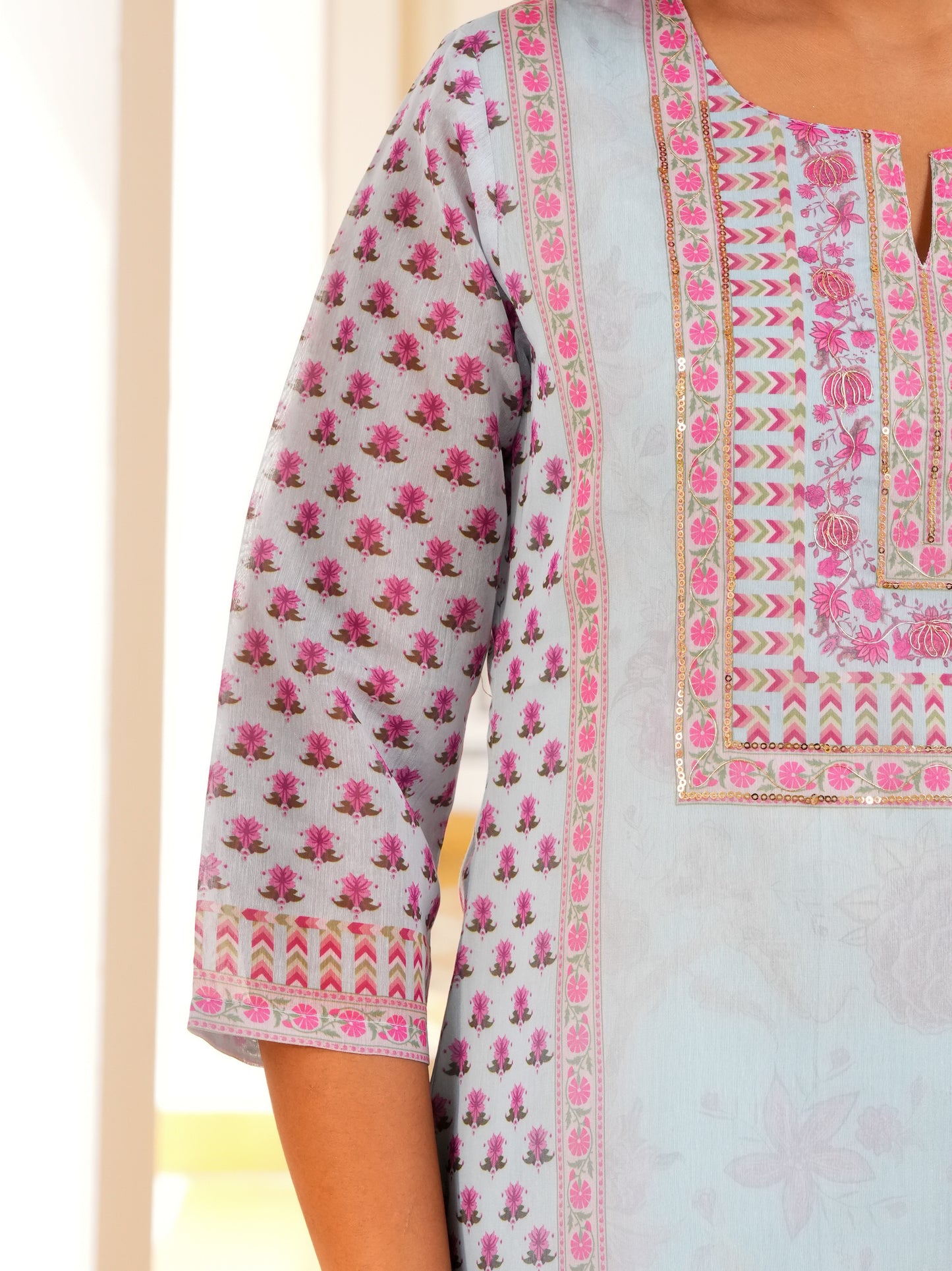 Embroidered Chanderi Floral Straight Baby Blue Kurta