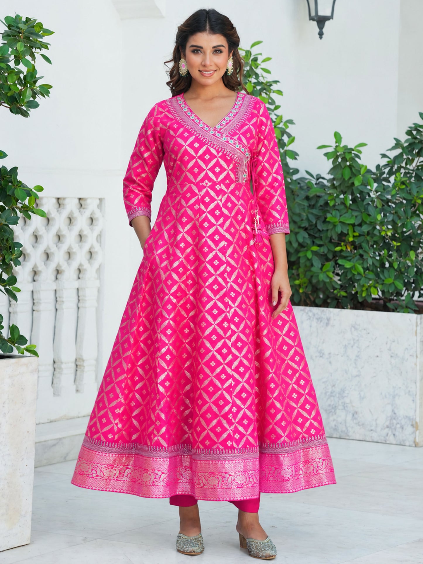 Embroidered Jacquard Solid Anarkali Dark Pink Kurta