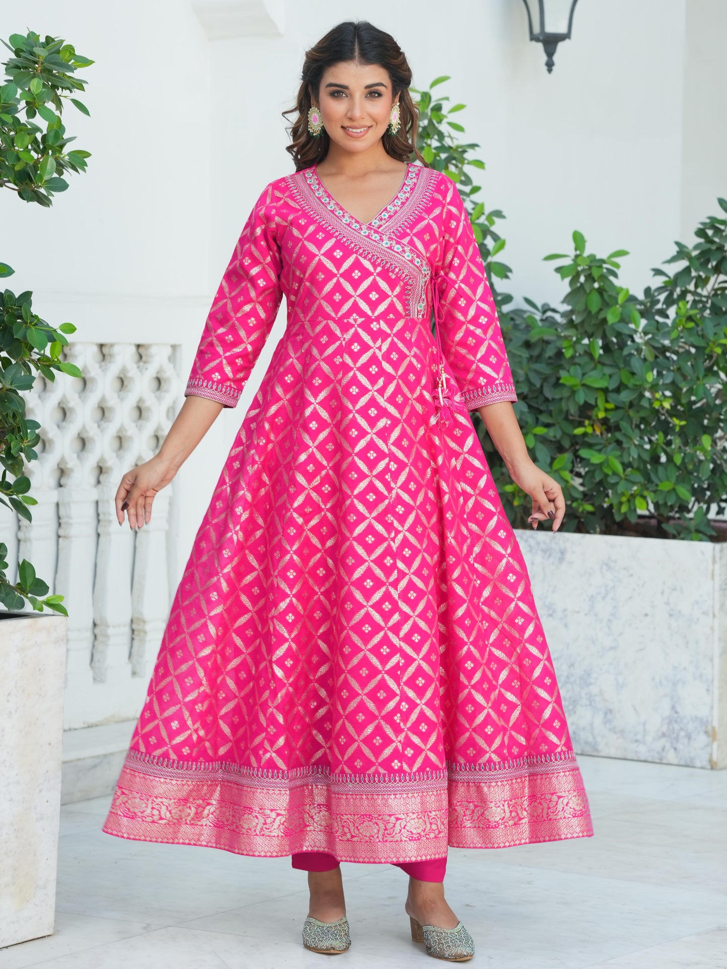 Embroidered Jacquard Solid Anarkali Dark Pink Kurta