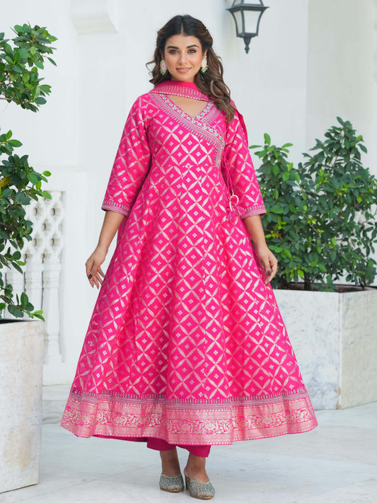 Embroidered Jacquard Solid Anarkali Dark Pink Kurta