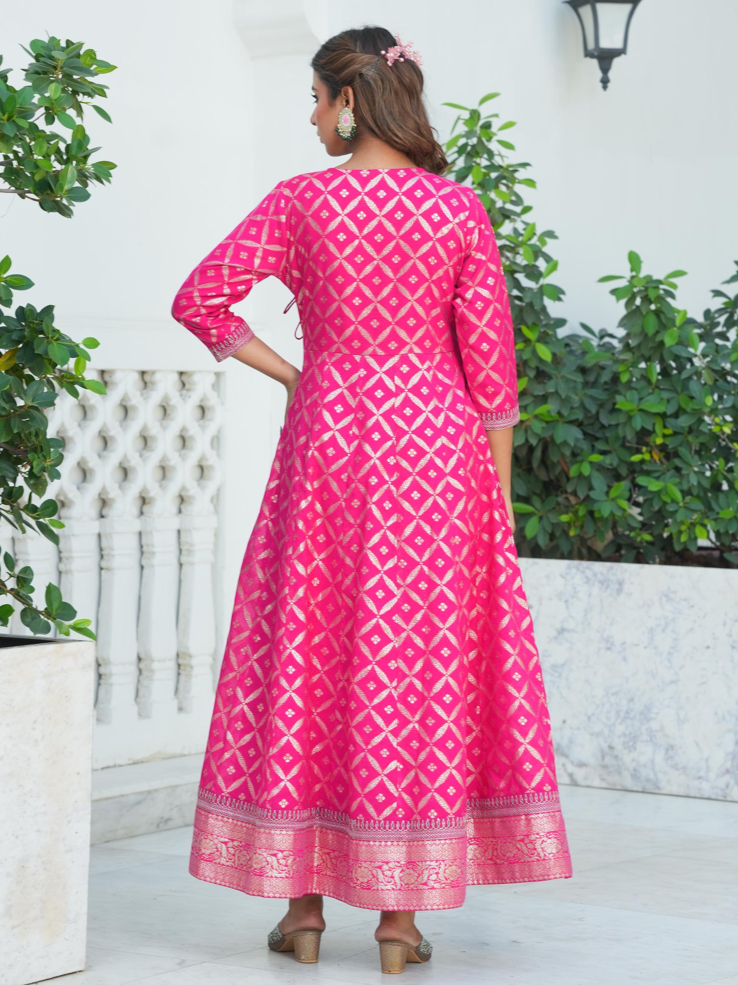 Embroidered Jacquard Solid Anarkali Dark Pink Kurta