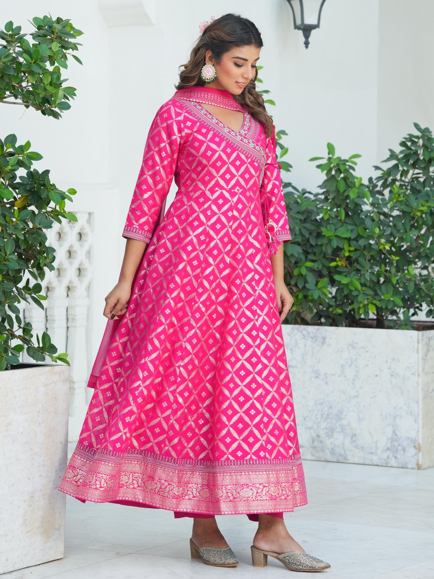 Embroidered Jacquard Solid Anarkali Dark Pink Kurta