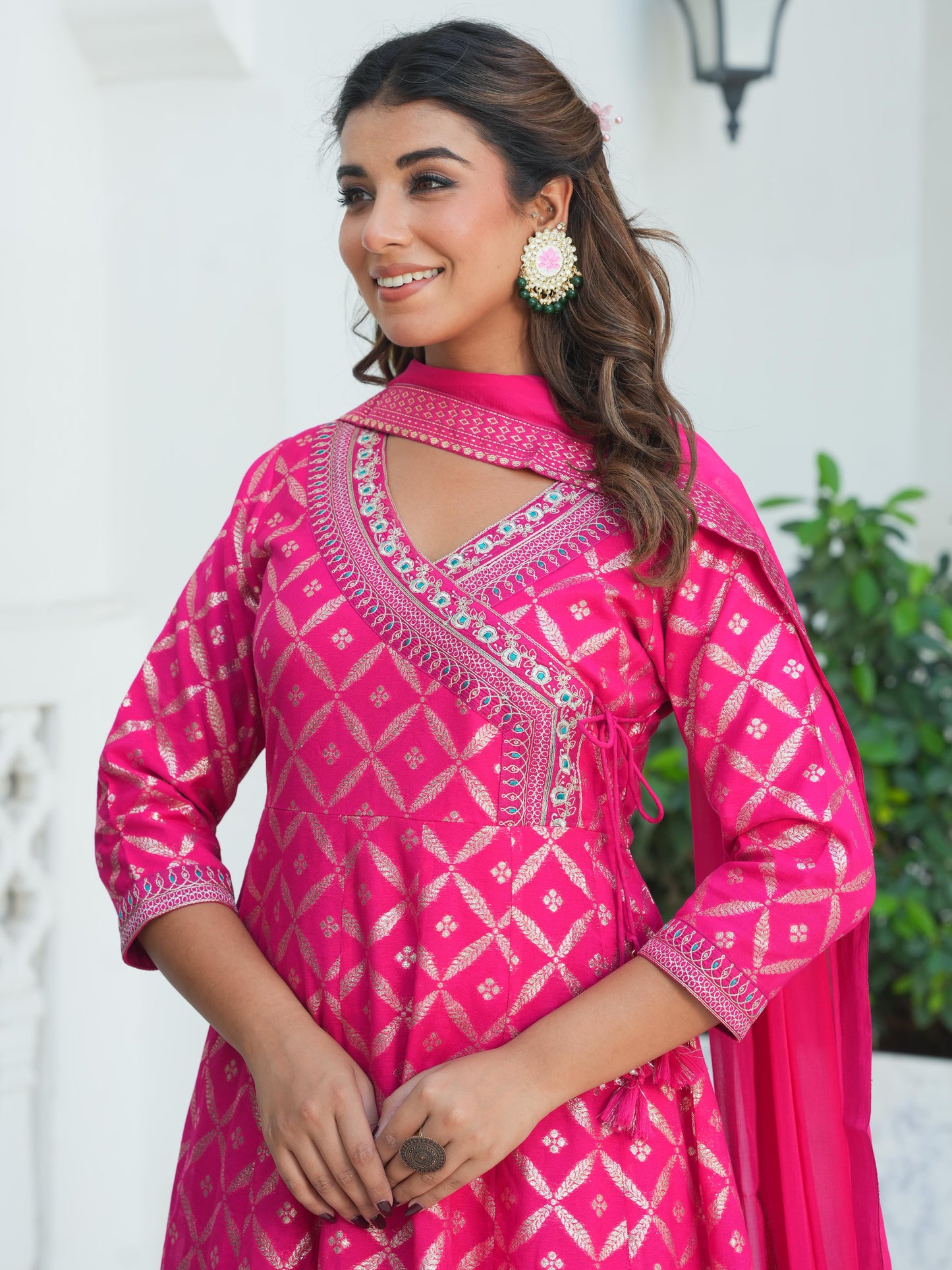 Embroidered Jacquard Solid Anarkali Dark Pink Kurta