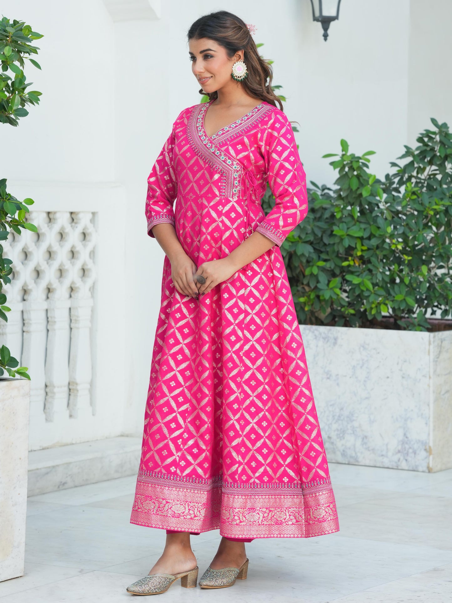 Embroidered Jacquard Solid Anarkali Dark Pink Kurta