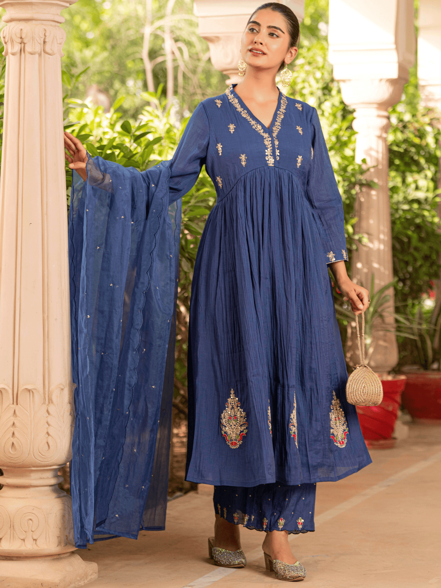 Embroidered Organza Solid Royal Blue Dupatta