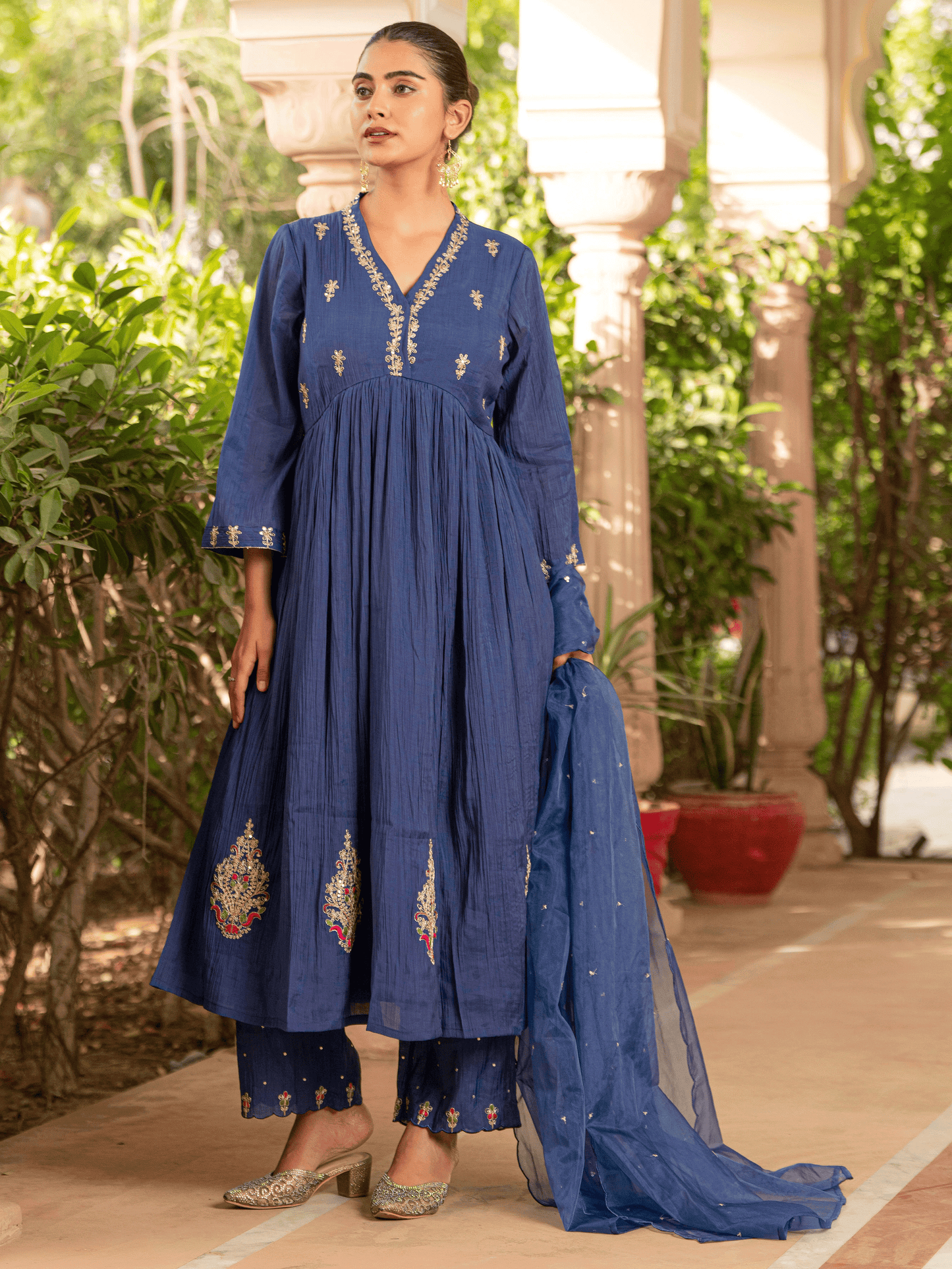 Embroidered Organza Solid Royal Blue Dupatta