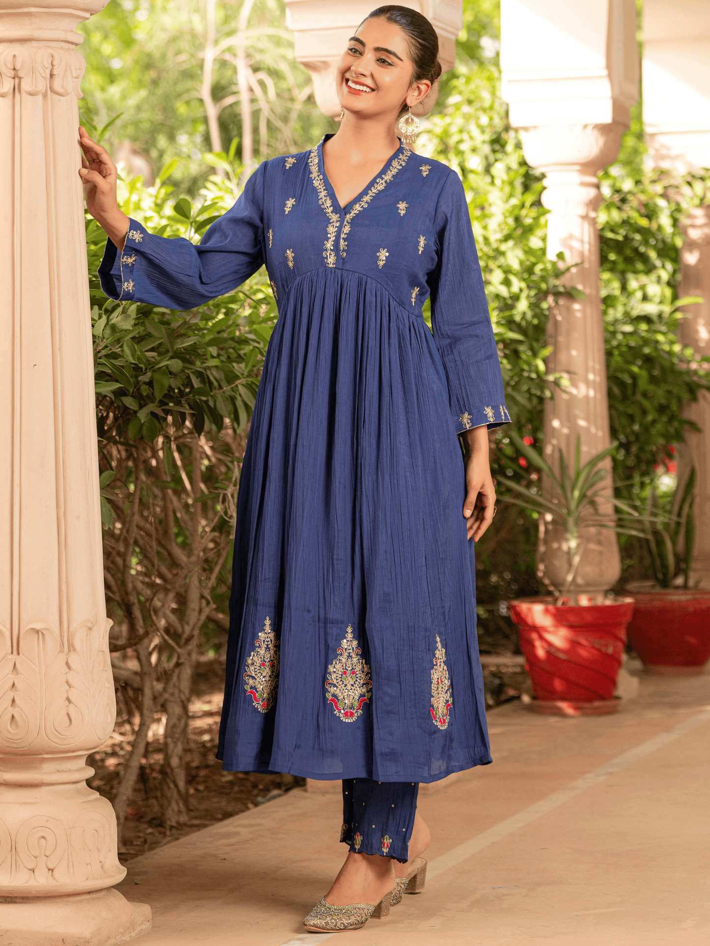 Embroidered Blended Silk Solid Anarkali Royal Blue Kurta