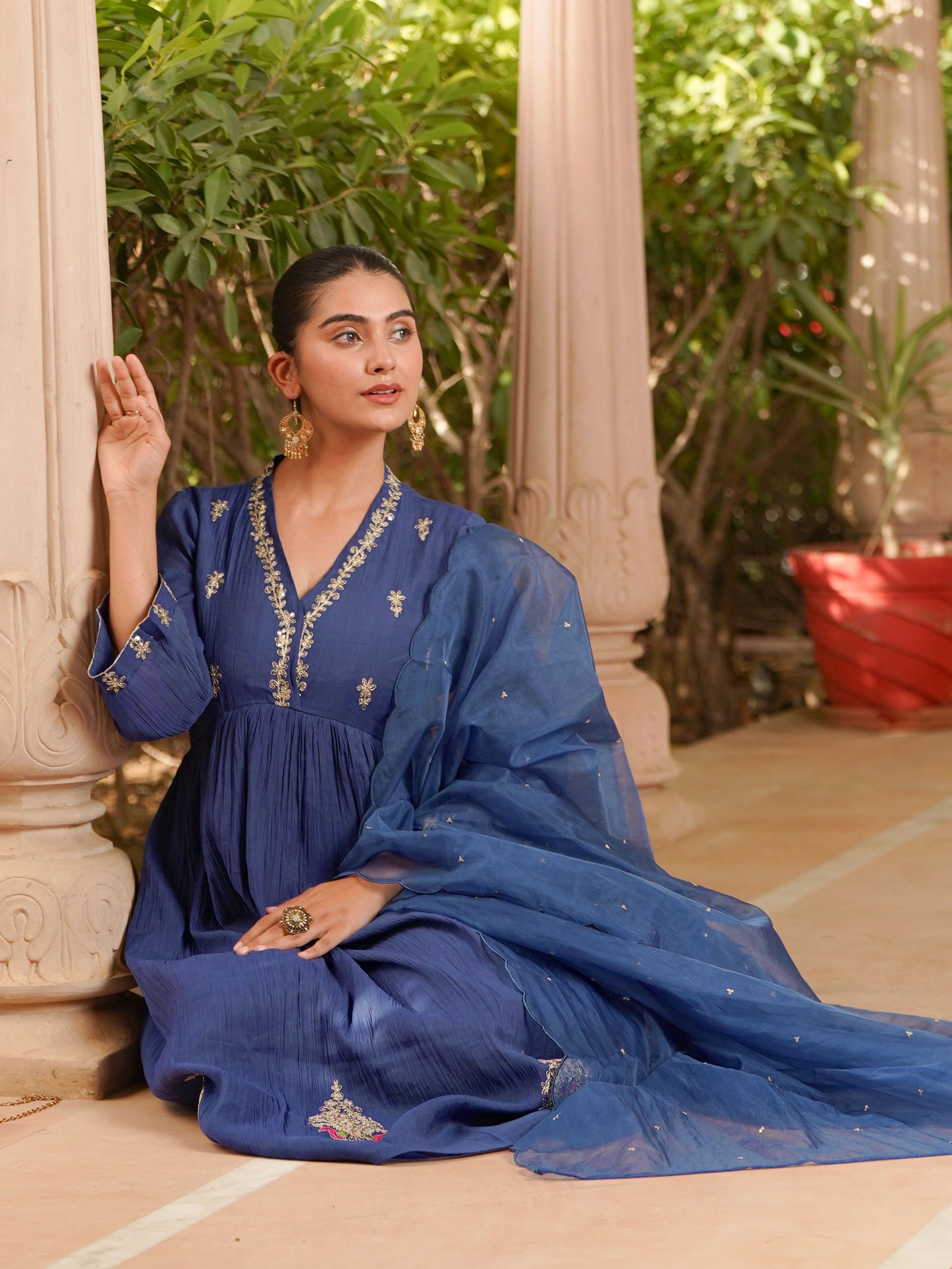 Embroidered Blended Silk Solid Anarkali Royal Blue Kurta
