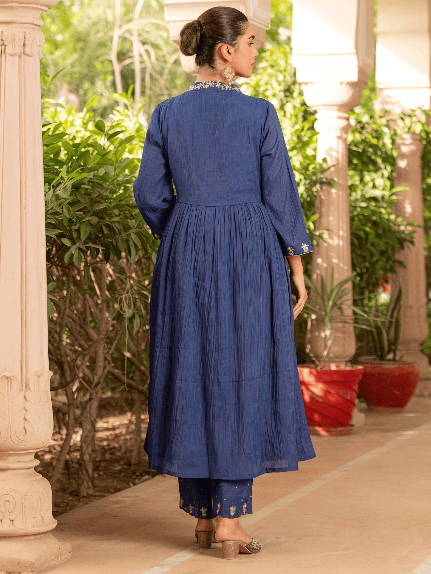 Embroidered Blended Silk Solid Anarkali Royal Blue Kurta