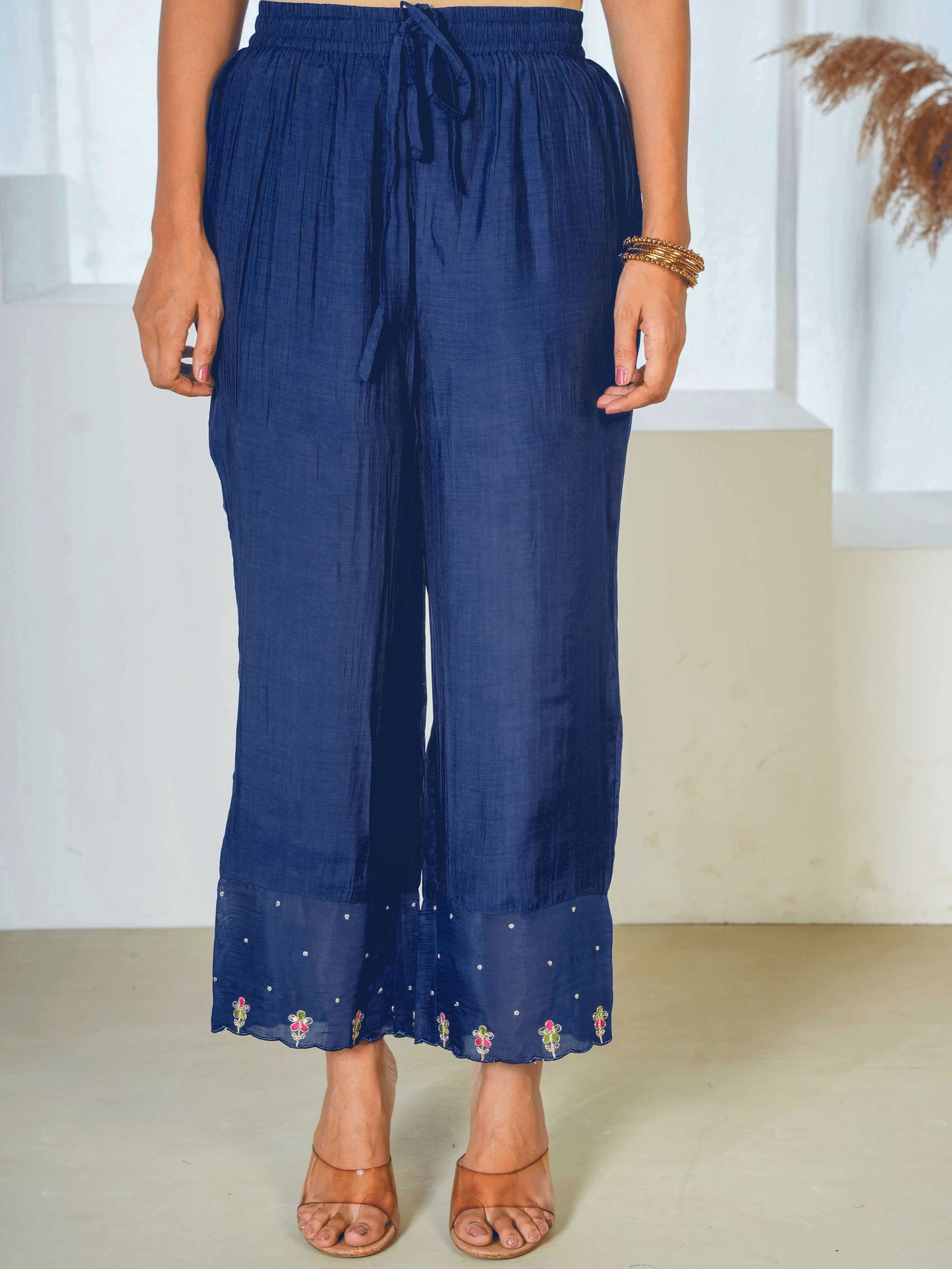 Embroidered Blended Silk Solid Royal Blue Trousers