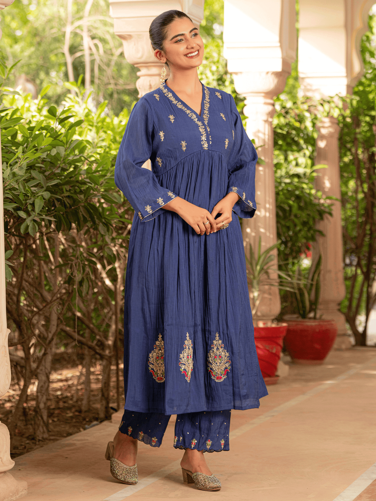 Embroidered Blended Silk Solid Anarkali Royal Blue Kurta