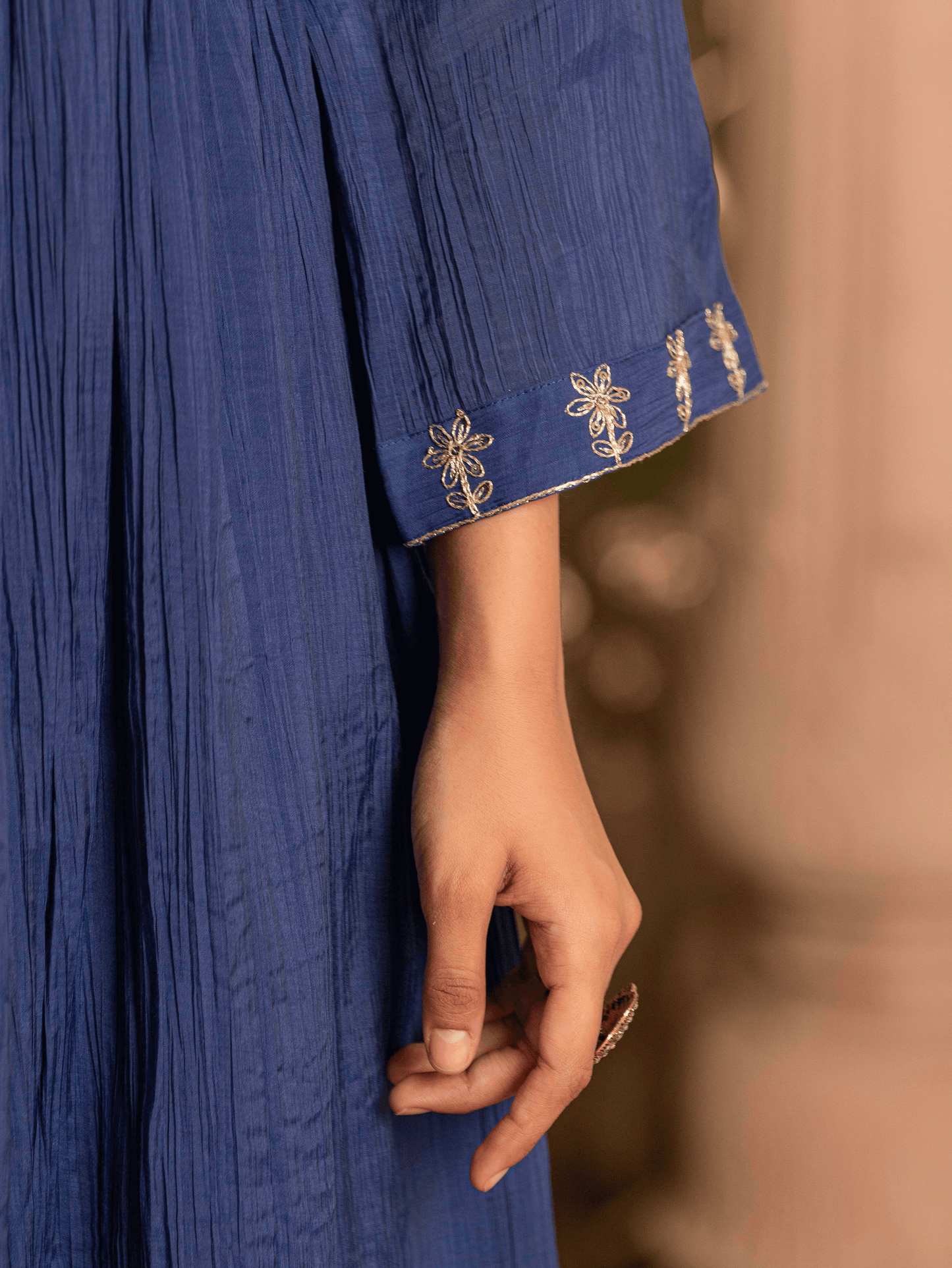 Embroidered Blended Silk Solid Anarkali Royal Blue Kurta
