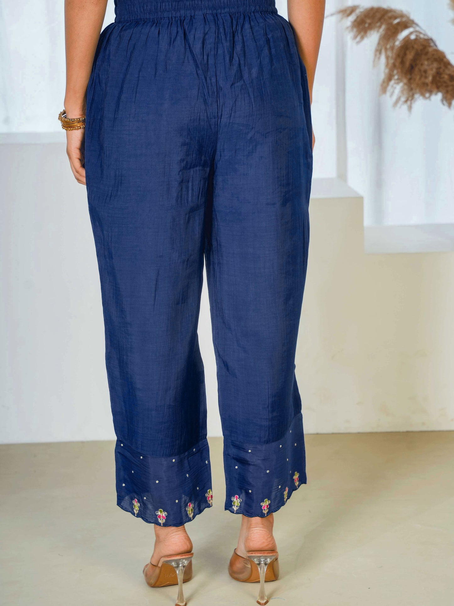 Embroidered Blended Silk Solid Royal Blue Trousers