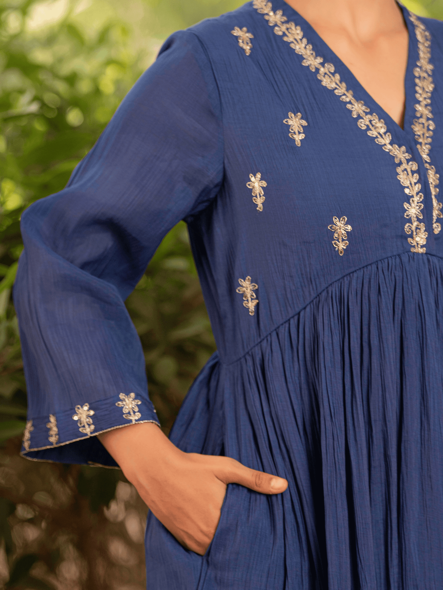 Embroidered Blended Silk Solid Anarkali Royal Blue Kurta