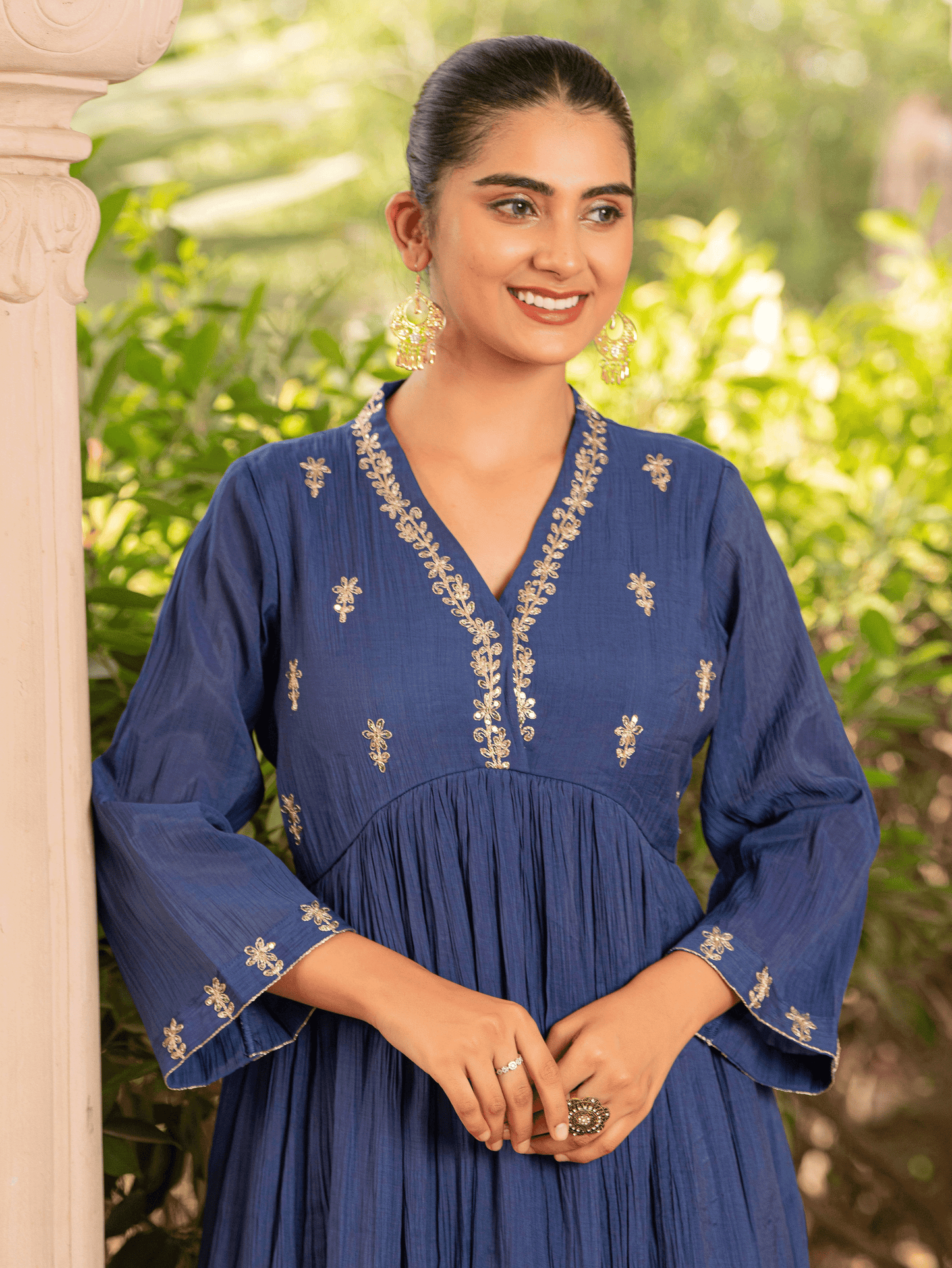 Embroidered Blended Silk Solid Anarkali Royal Blue Kurta