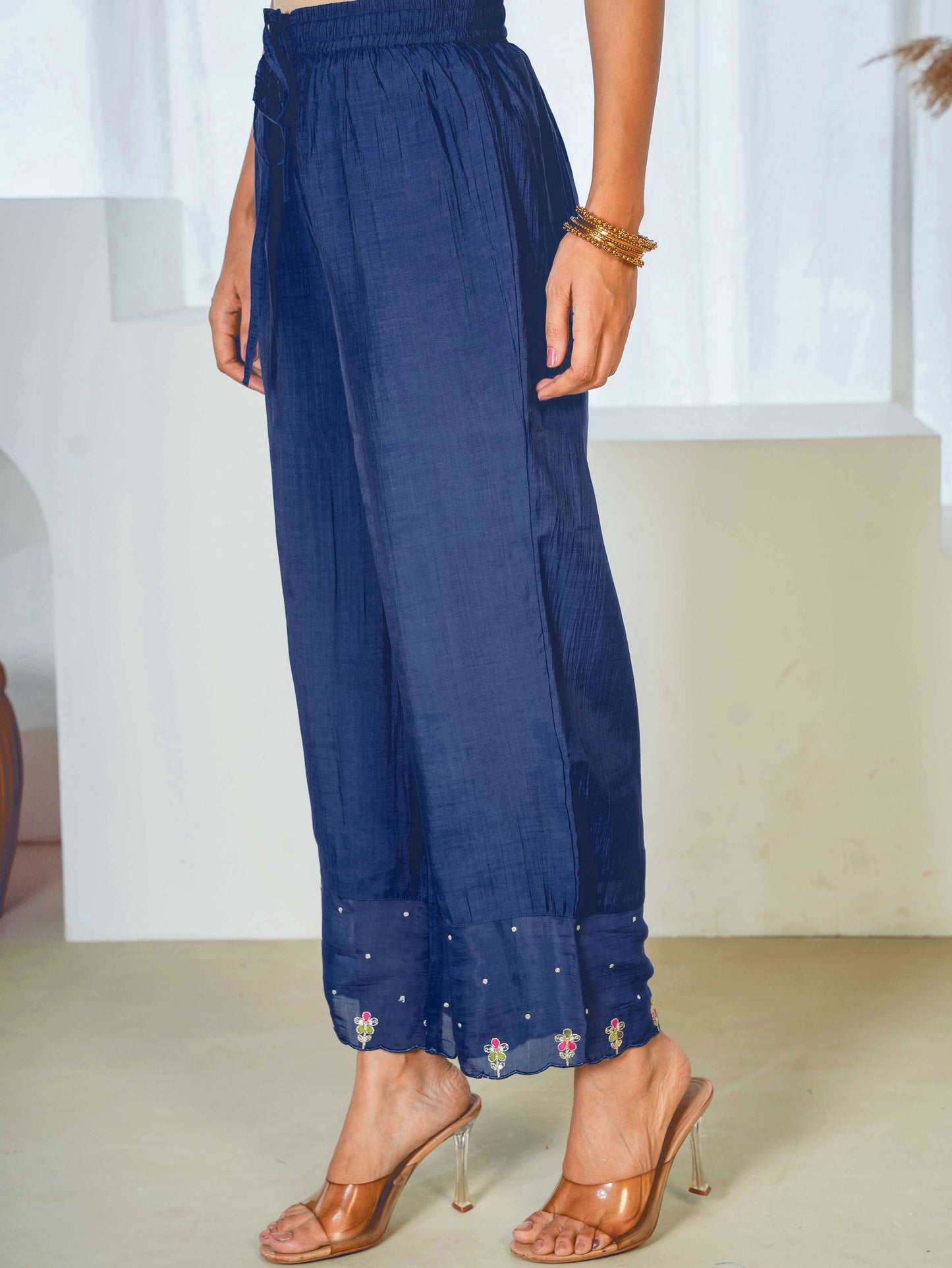 Embroidered Blended Silk Solid Anarkali Royal Blue Kurta