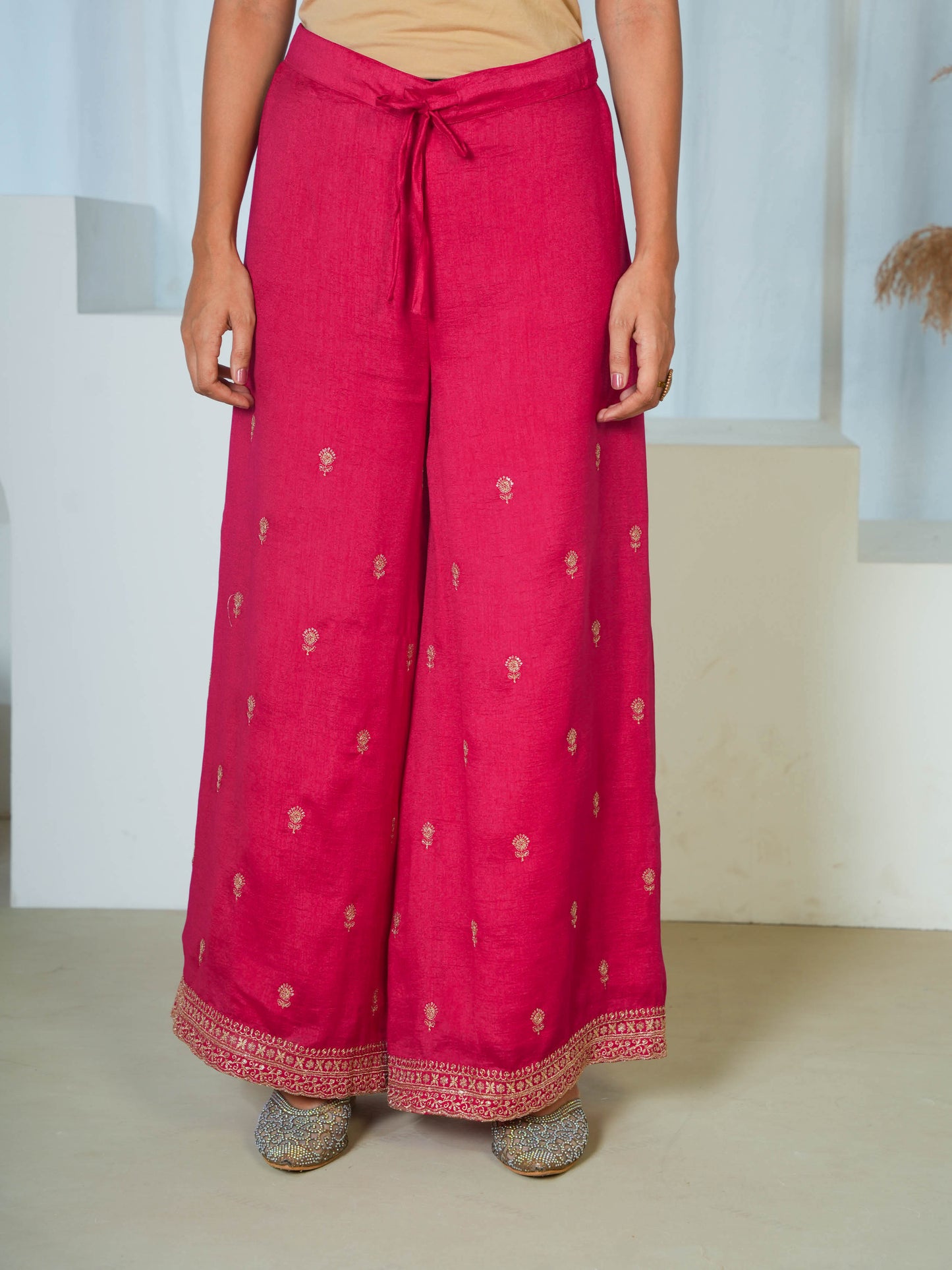 Embroidered Blended Silk Solid Dark Pink Palazzo