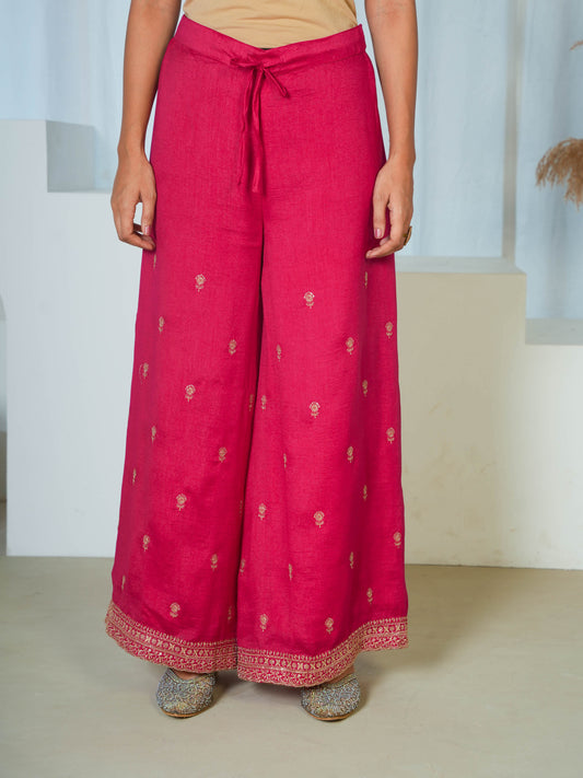 Embroidered Blended Silk Solid Dark Pink Palazzo